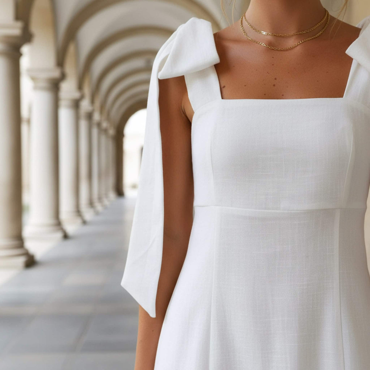 Square Neck Linen Midi Dress, Tie Shoulder Midi Dress