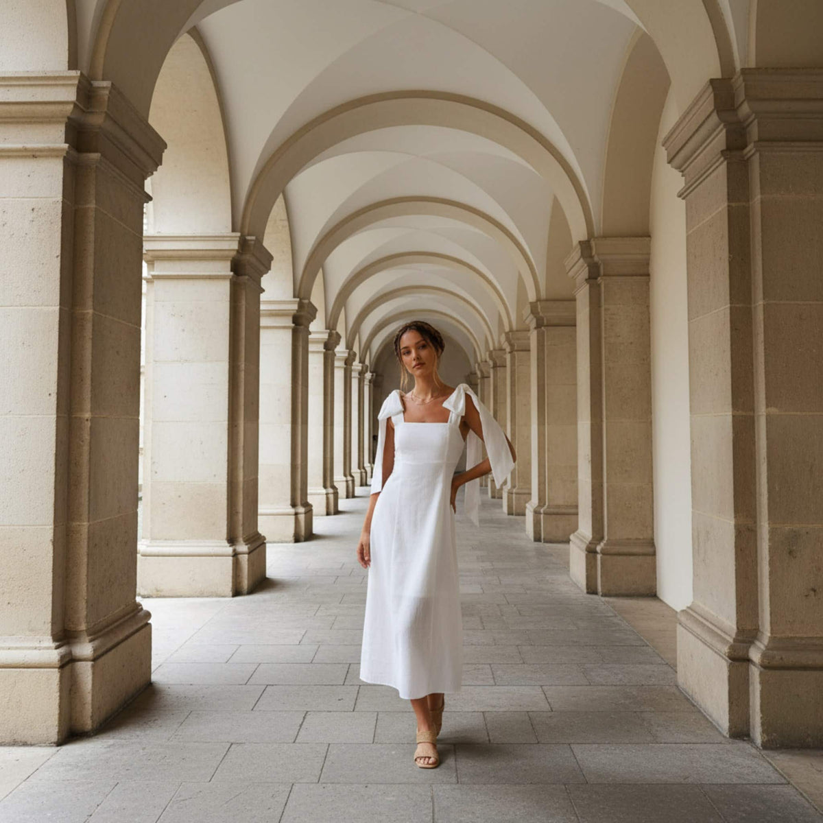 Square Neck Linen Midi Dress, Tie Shoulder Midi Dress