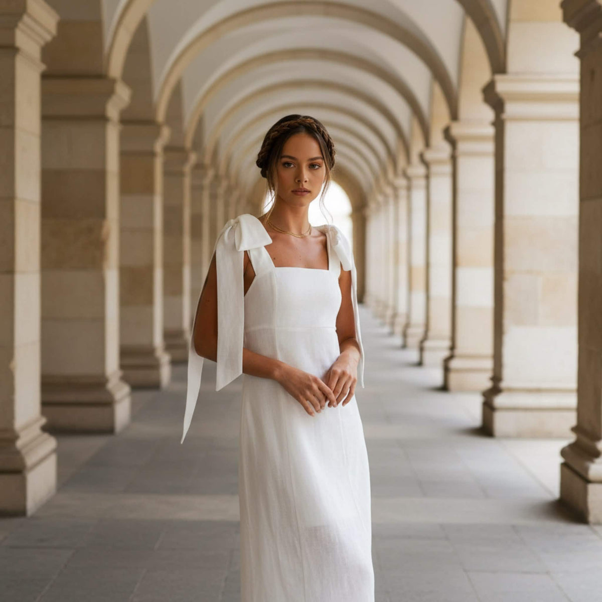Square Neck Linen Midi Dress, Tie Shoulder Midi Dress