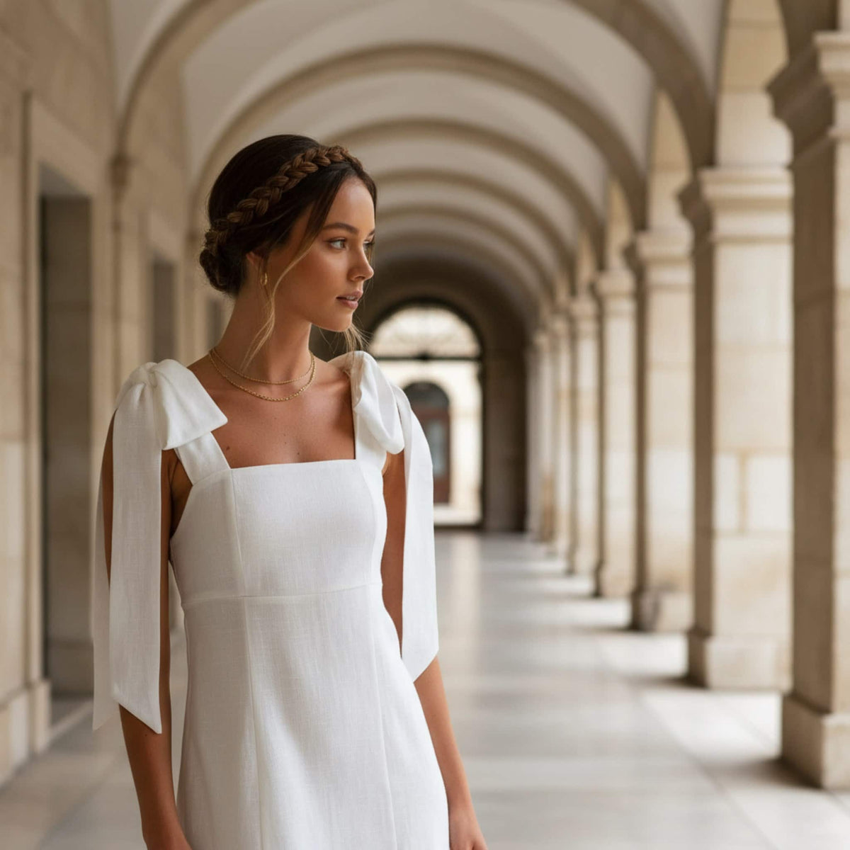 Square Neck Linen Midi Dress, Tie Shoulder Midi Dress