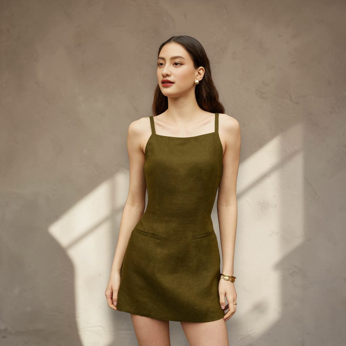 Square Neck Linen Mini Dress, Slim Straps Welt Pocket