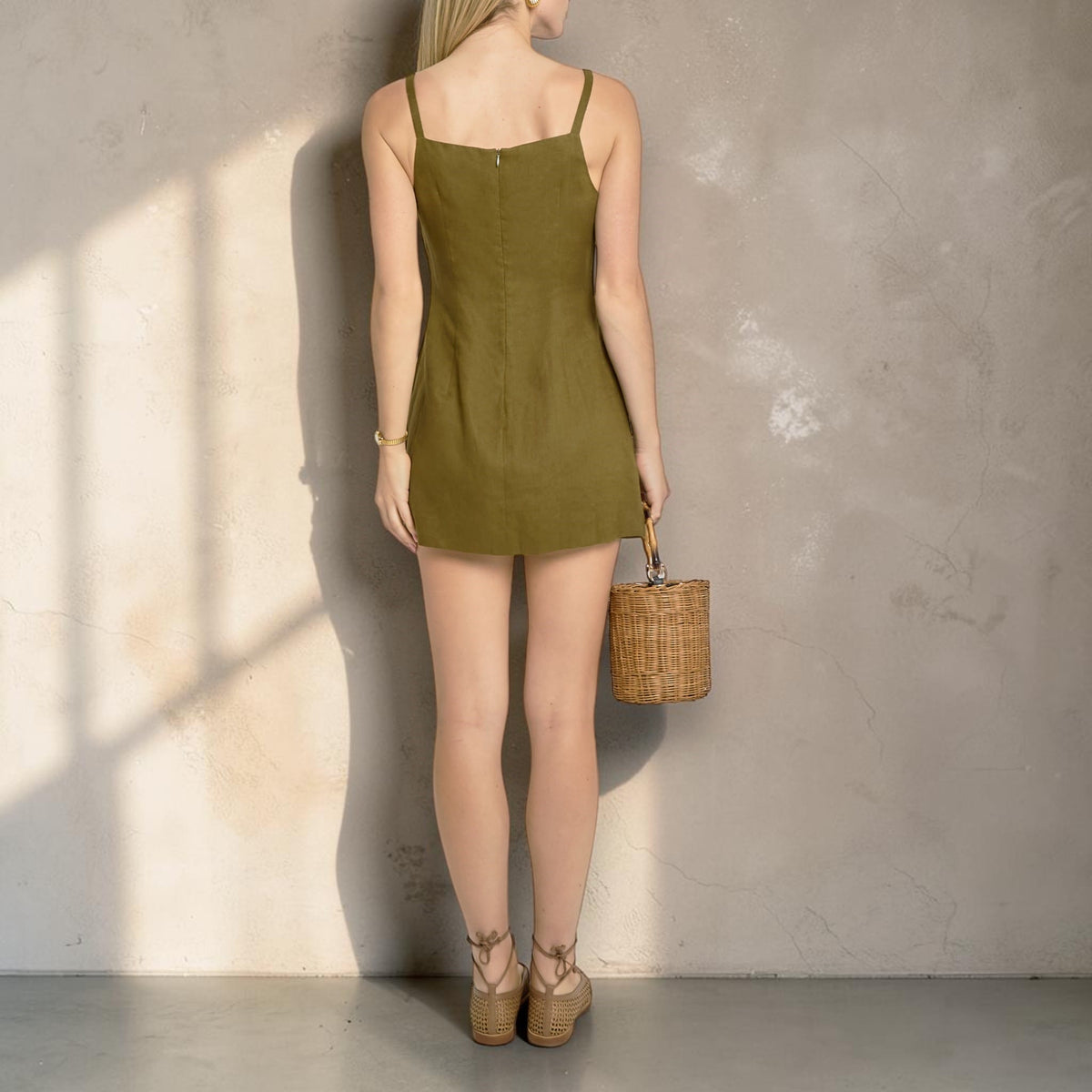 Square Neck Linen Mini Dress, Slim Straps Welt Pocket