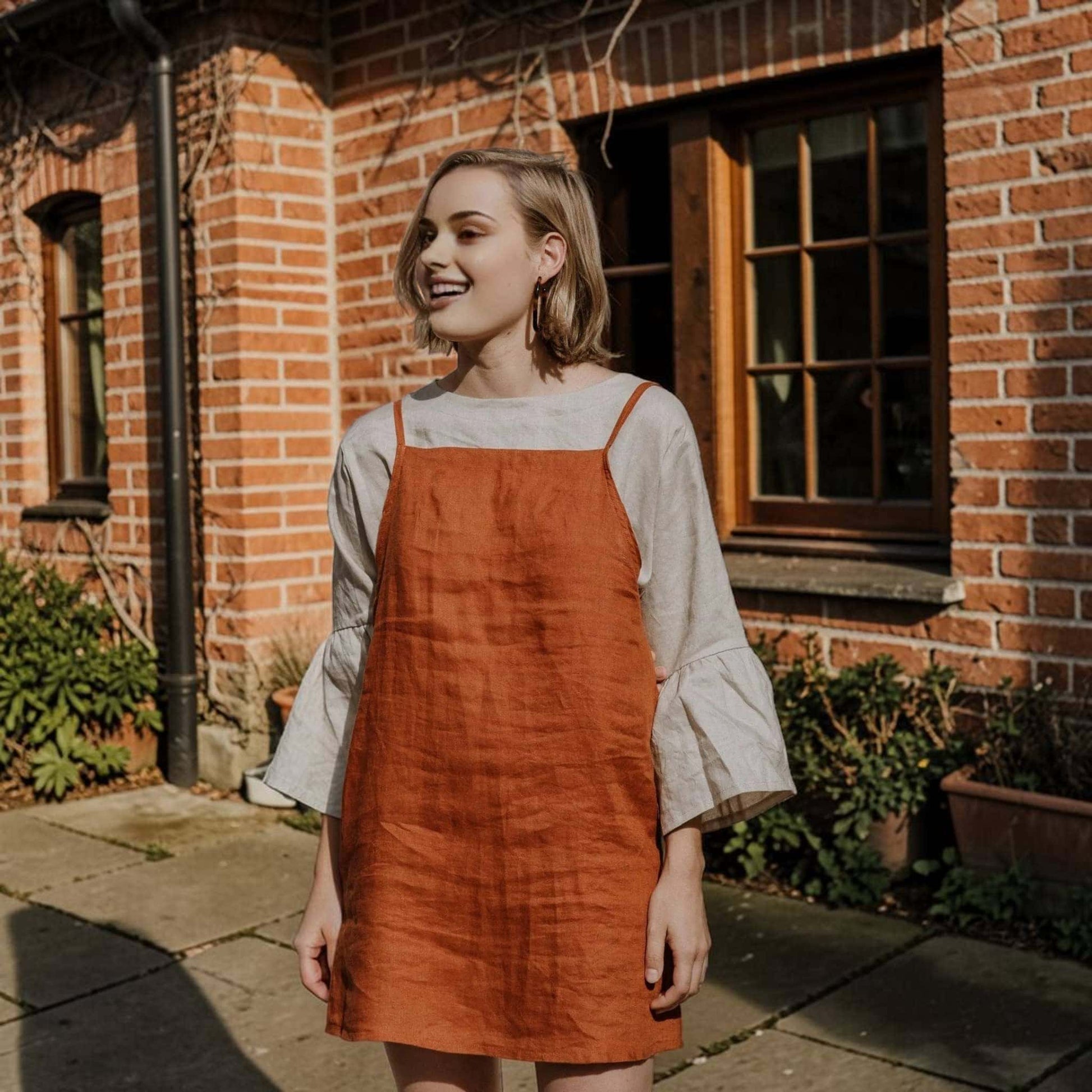 Square Neck Linen Mini Dress, Tie Strap Side Pocket