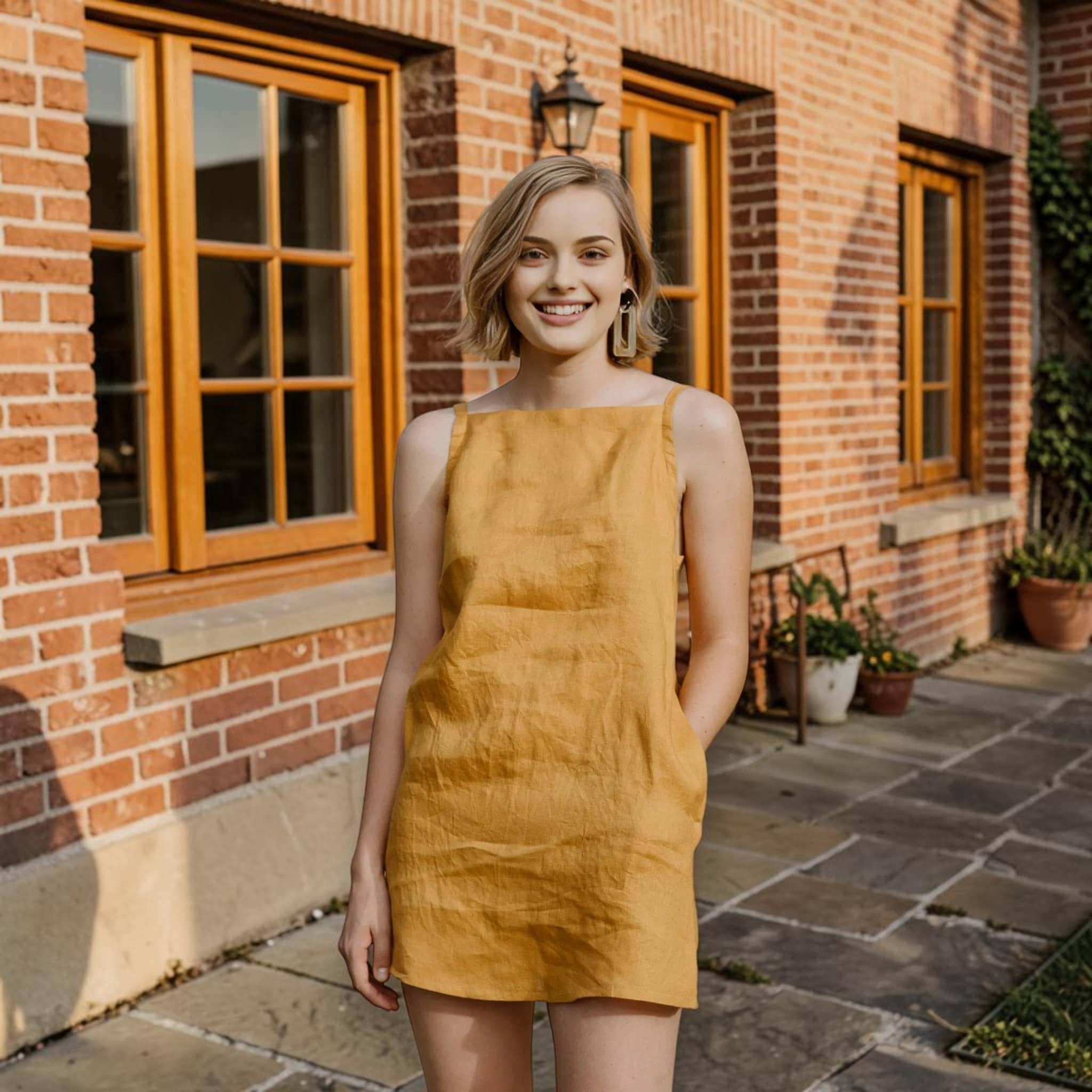 Square Neck Linen Mini Dress, Tie Strap Side Pocket