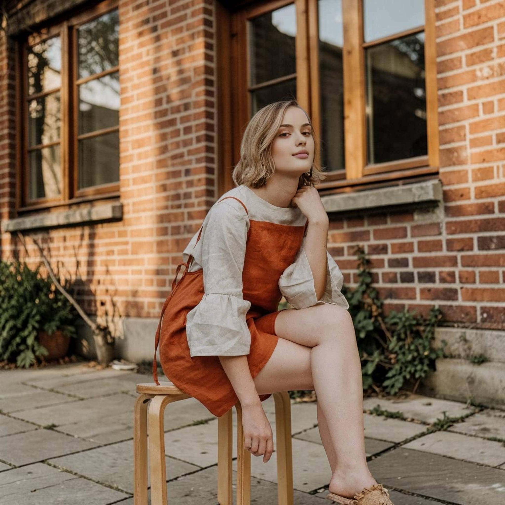 Square Neck Linen Mini Dress, Tie Strap Side Pocket