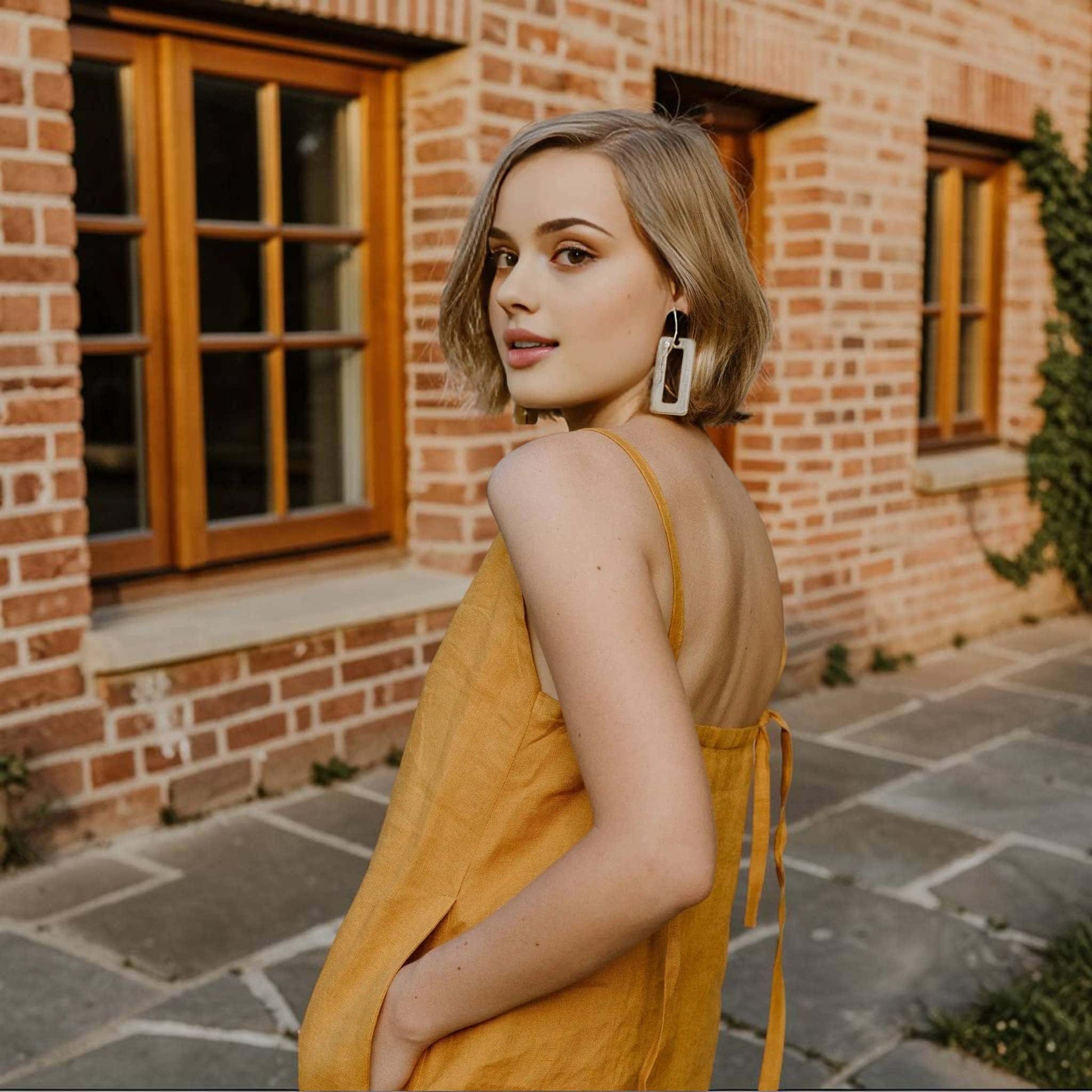 Square Neck Linen Mini Dress, Tie Strap Side Pocket