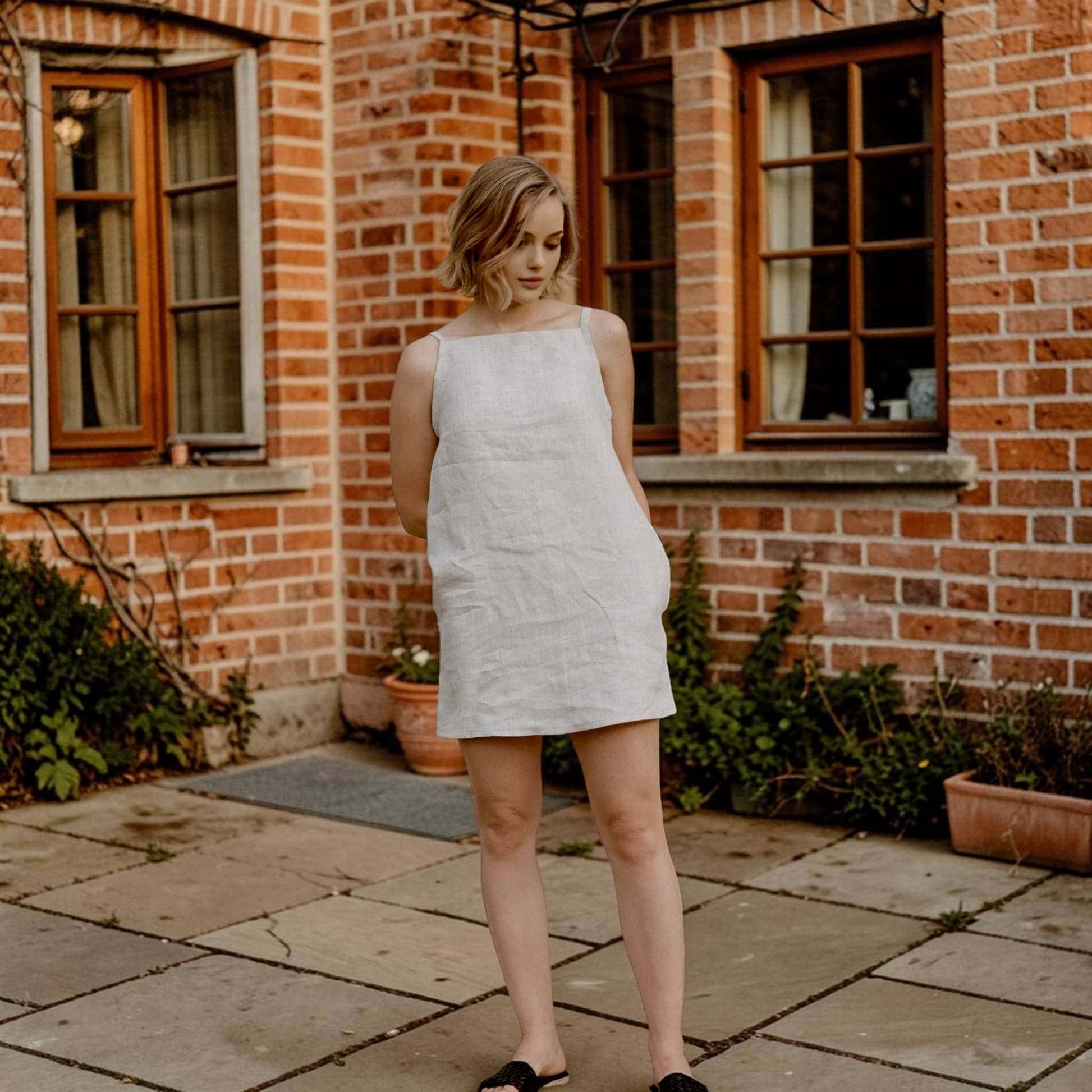 Square Neck Linen Mini Dress, Tie Strap Side Pocket