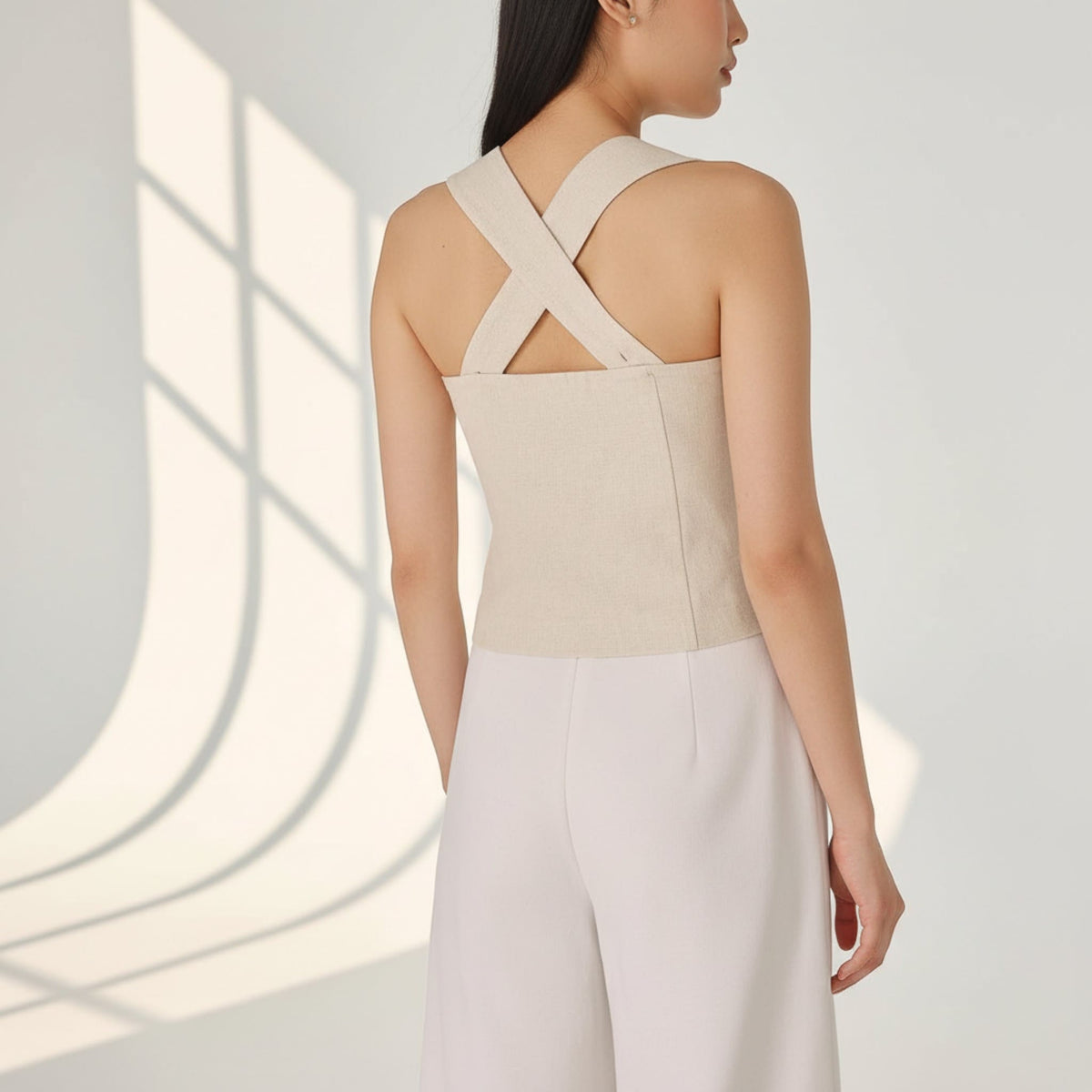 Square Neck Linen Top, Button Front Vest Top