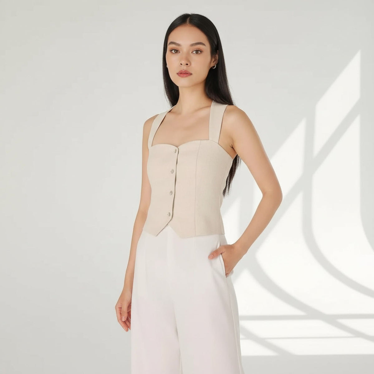 Square Neck Linen Top, Button Front Vest Top