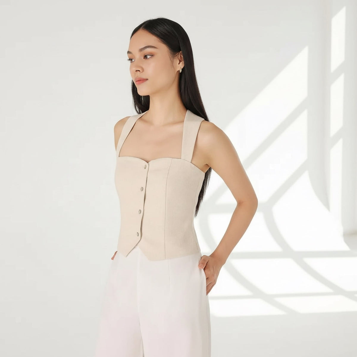 Square Neck Linen Top, Button Front Vest Top