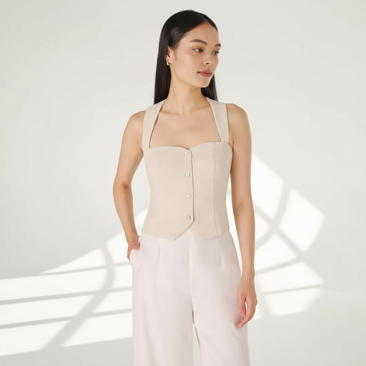 Square Neck Linen Top, Button Front Vest Top