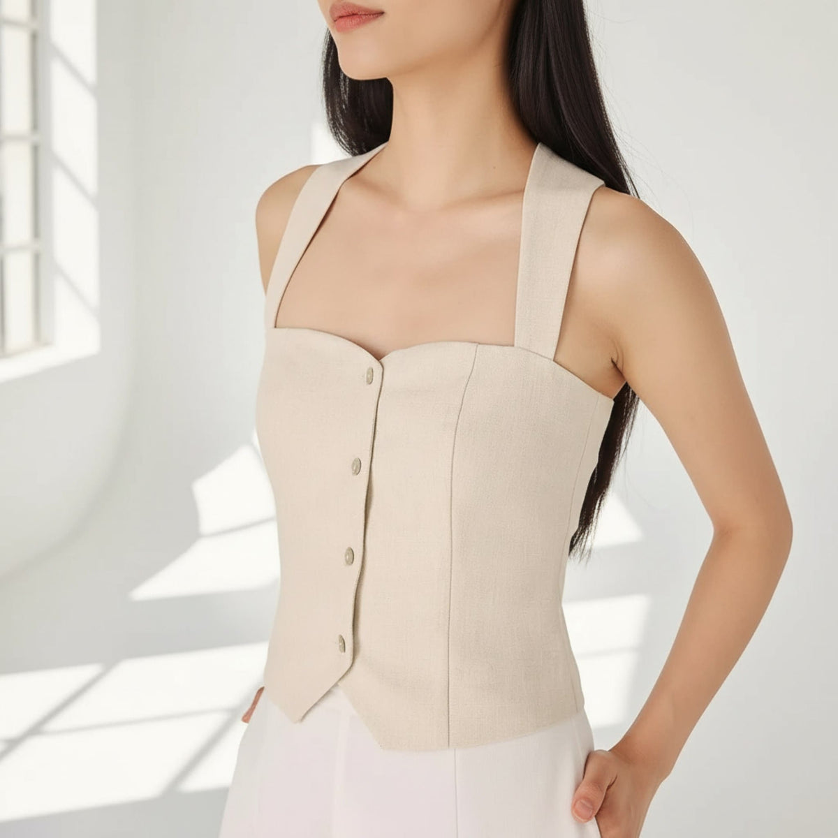 Square Neck Linen Top, Button Front Vest Top
