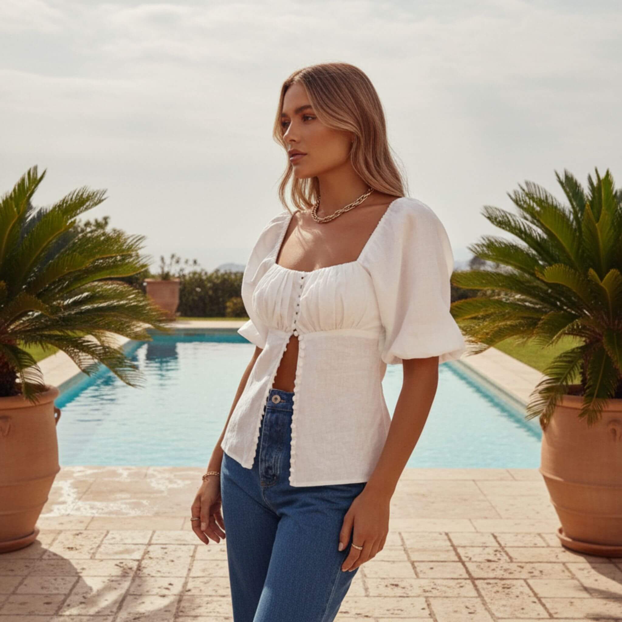 Square Neck Linen Top, Linen Puff Sleeve Top