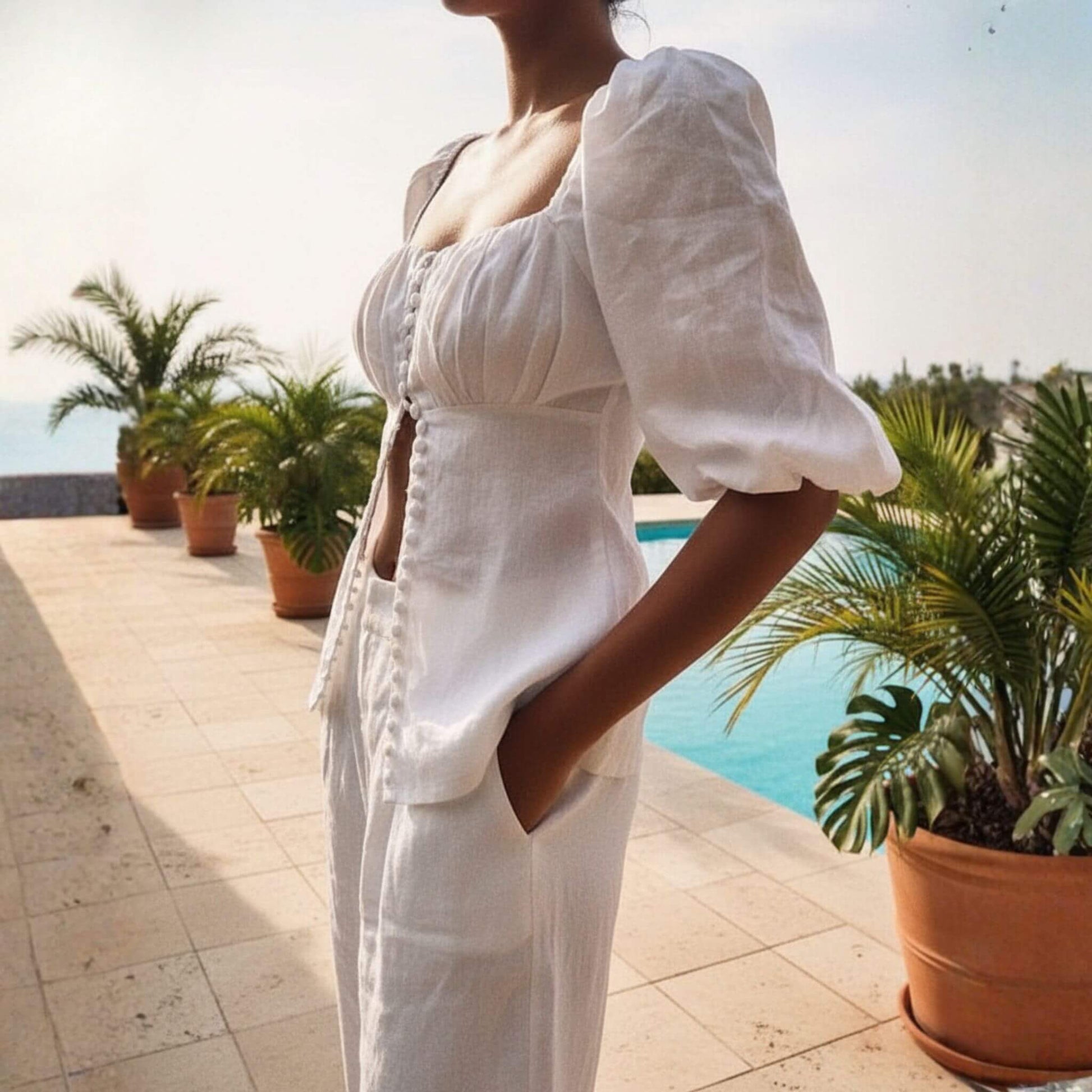 Square Neck Linen Top, Linen Puff Sleeve Top