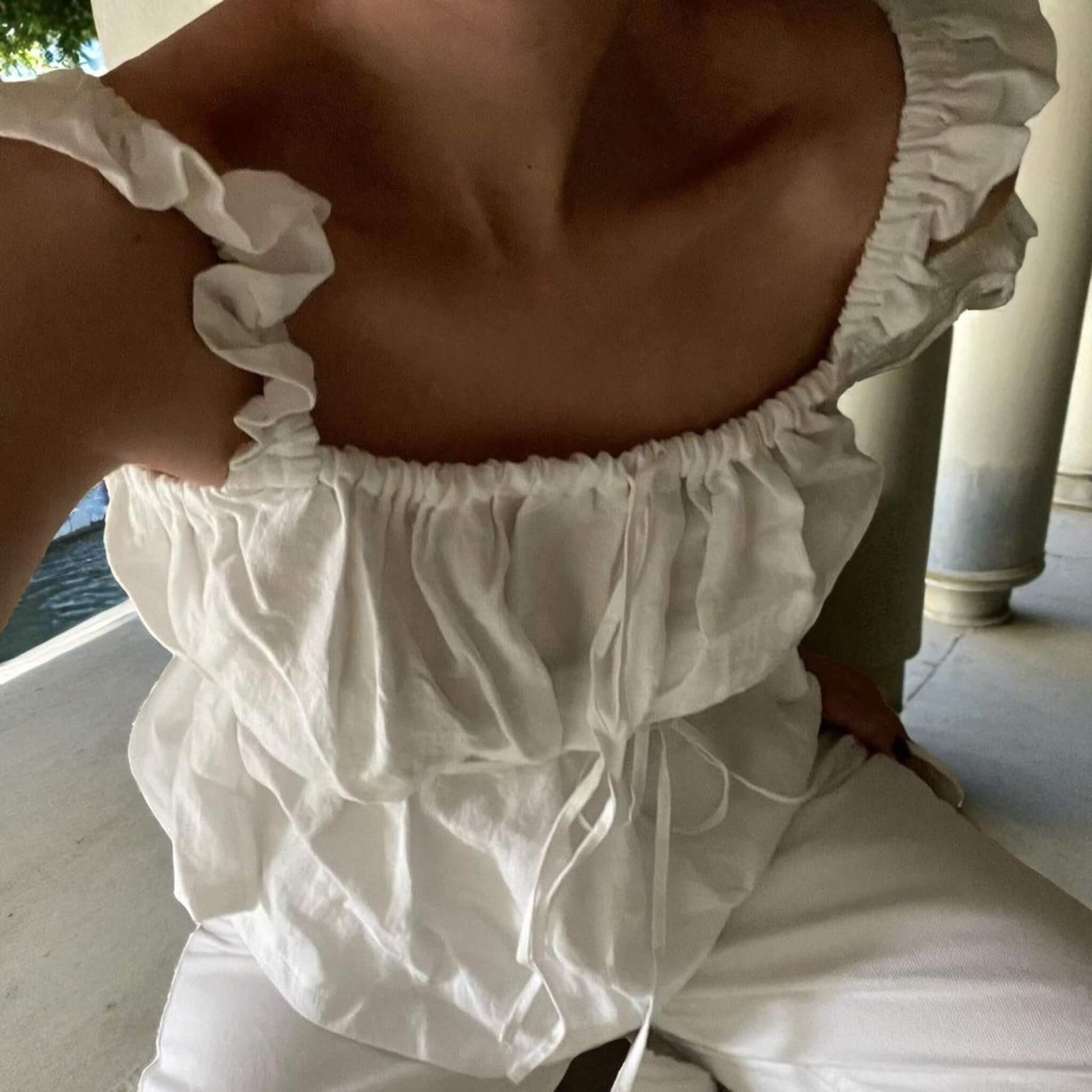 Square Neck Linen Top, Linen Ruffle Strap Top