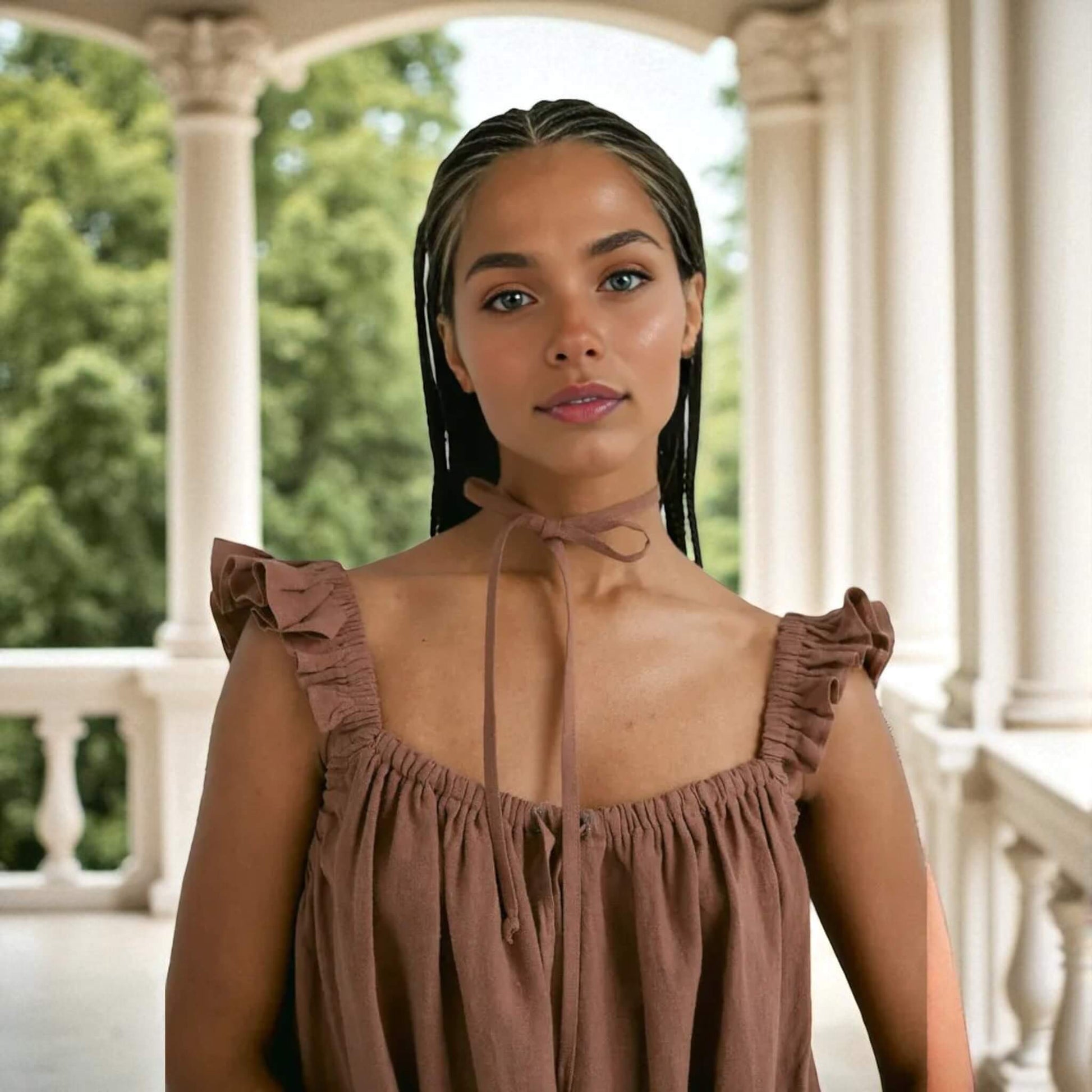 Square Neck Linen Top, Linen Ruffle Strap Top