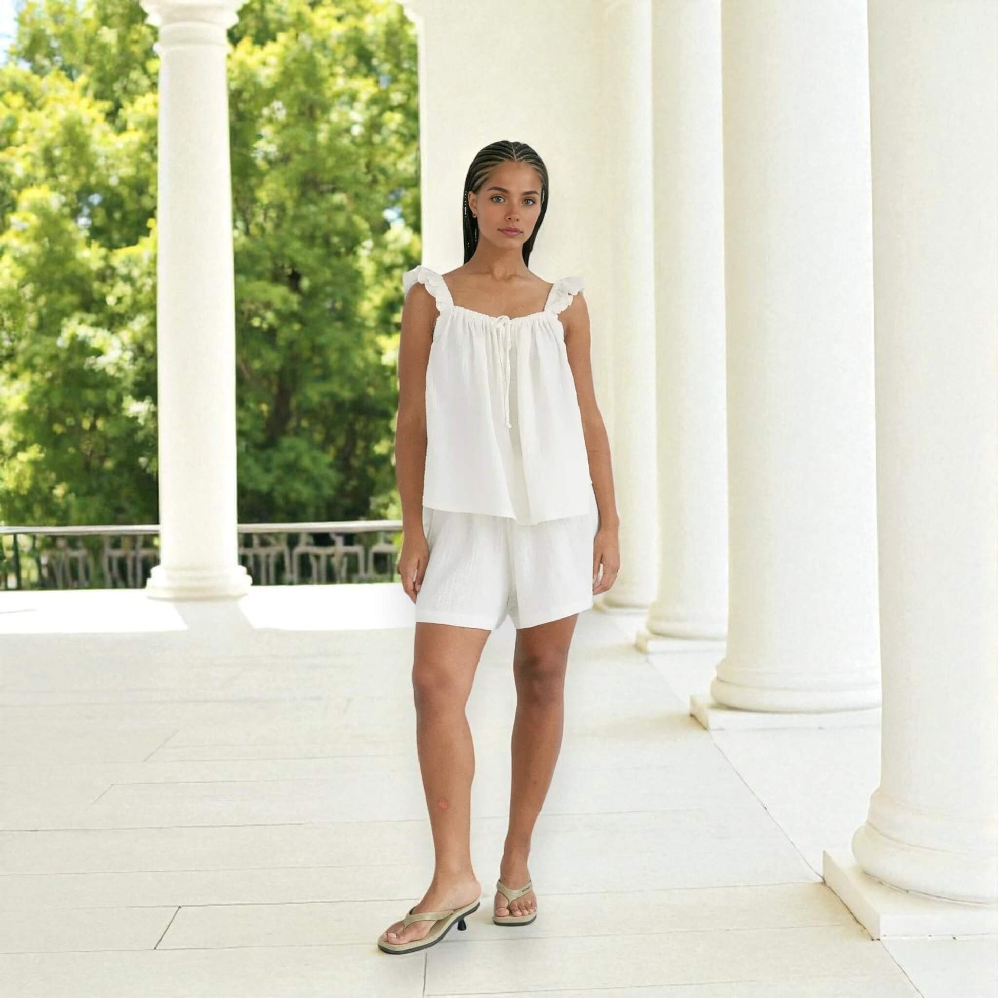 Square Neck Linen Top, Linen Ruffle Strap Top