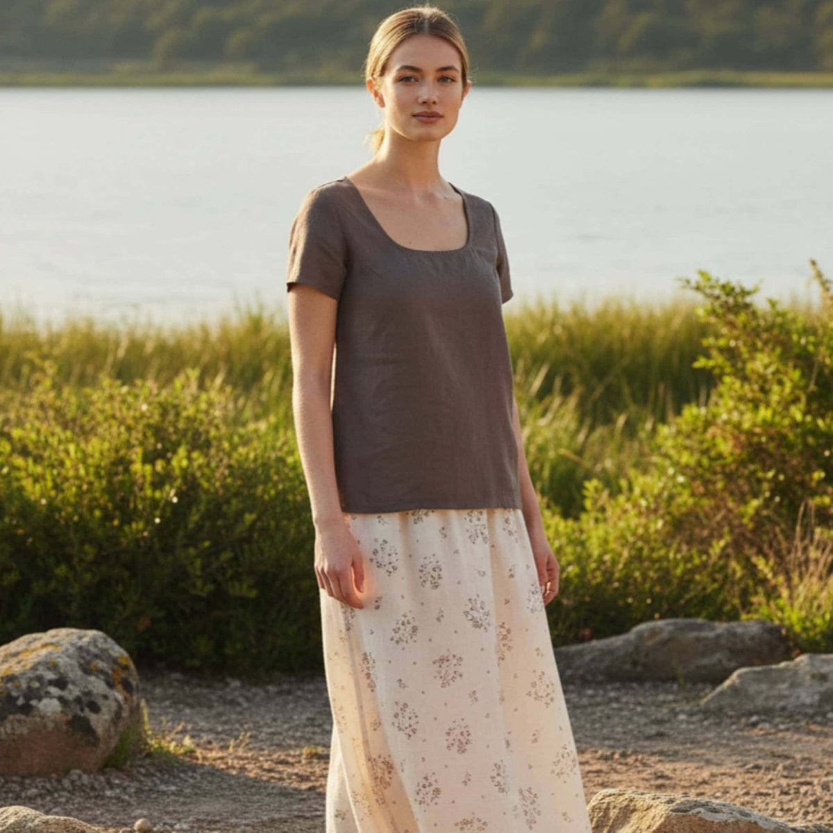 Square Neck Linen Top, Short Sleeve Relaxed Fit
