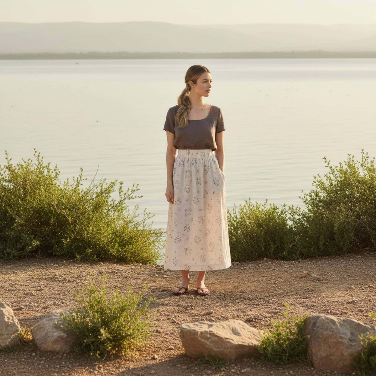 Square Neck Linen Top, Short Sleeve Relaxed Fit