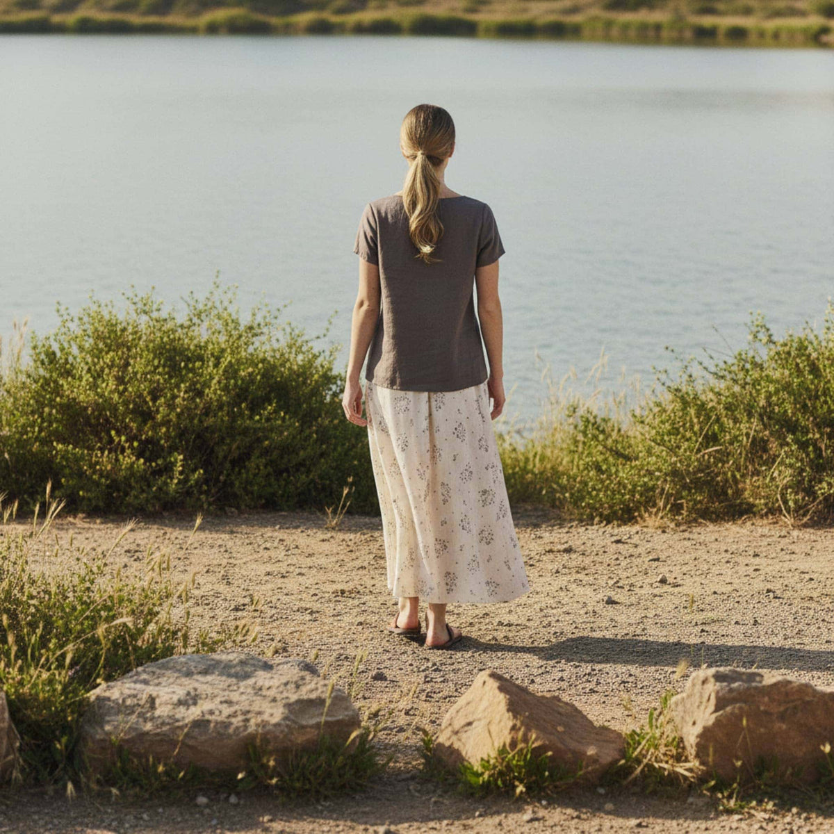 Square Neck Linen Top, Short Sleeve Relaxed Fit