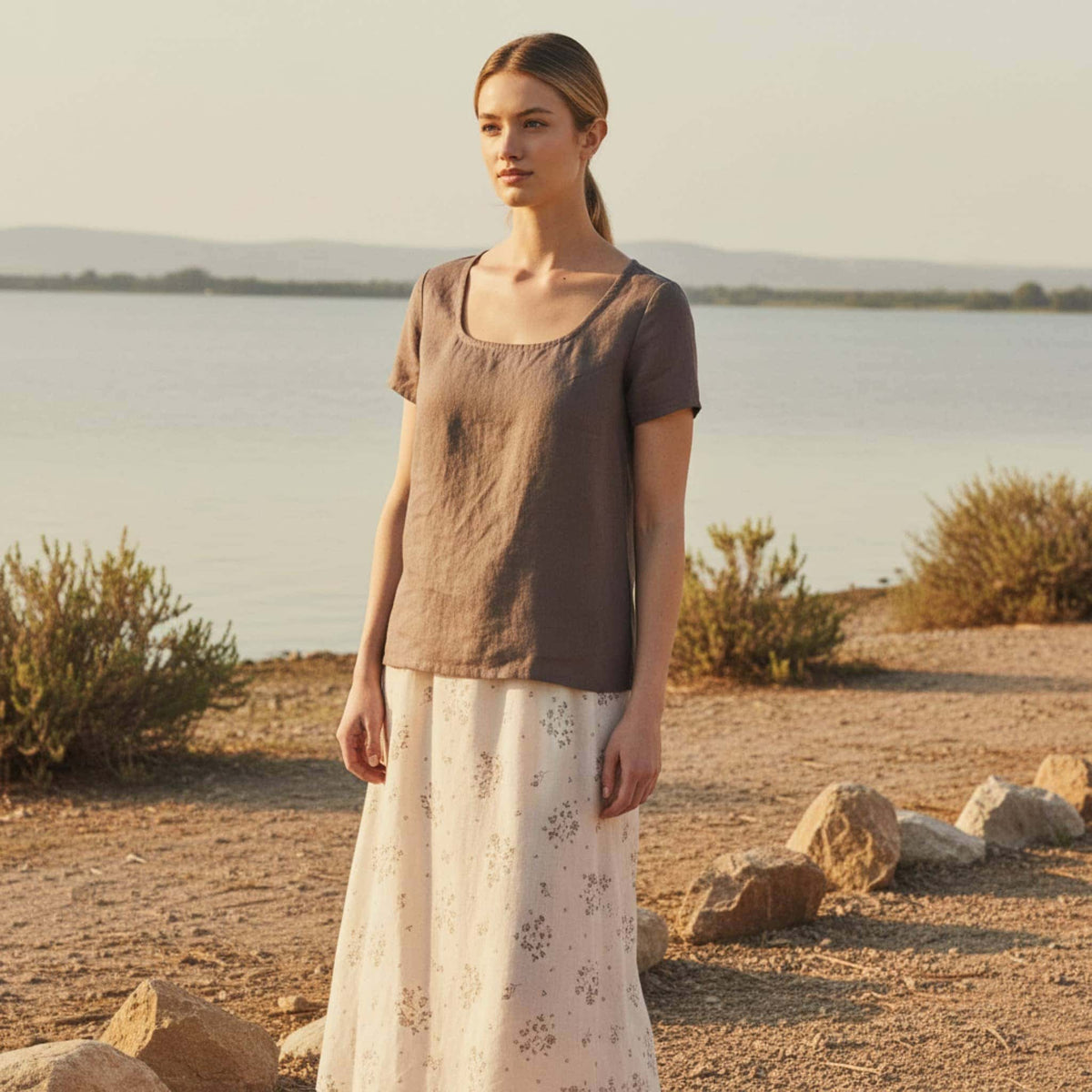Square Neck Linen Top, Short Sleeve Relaxed Fit