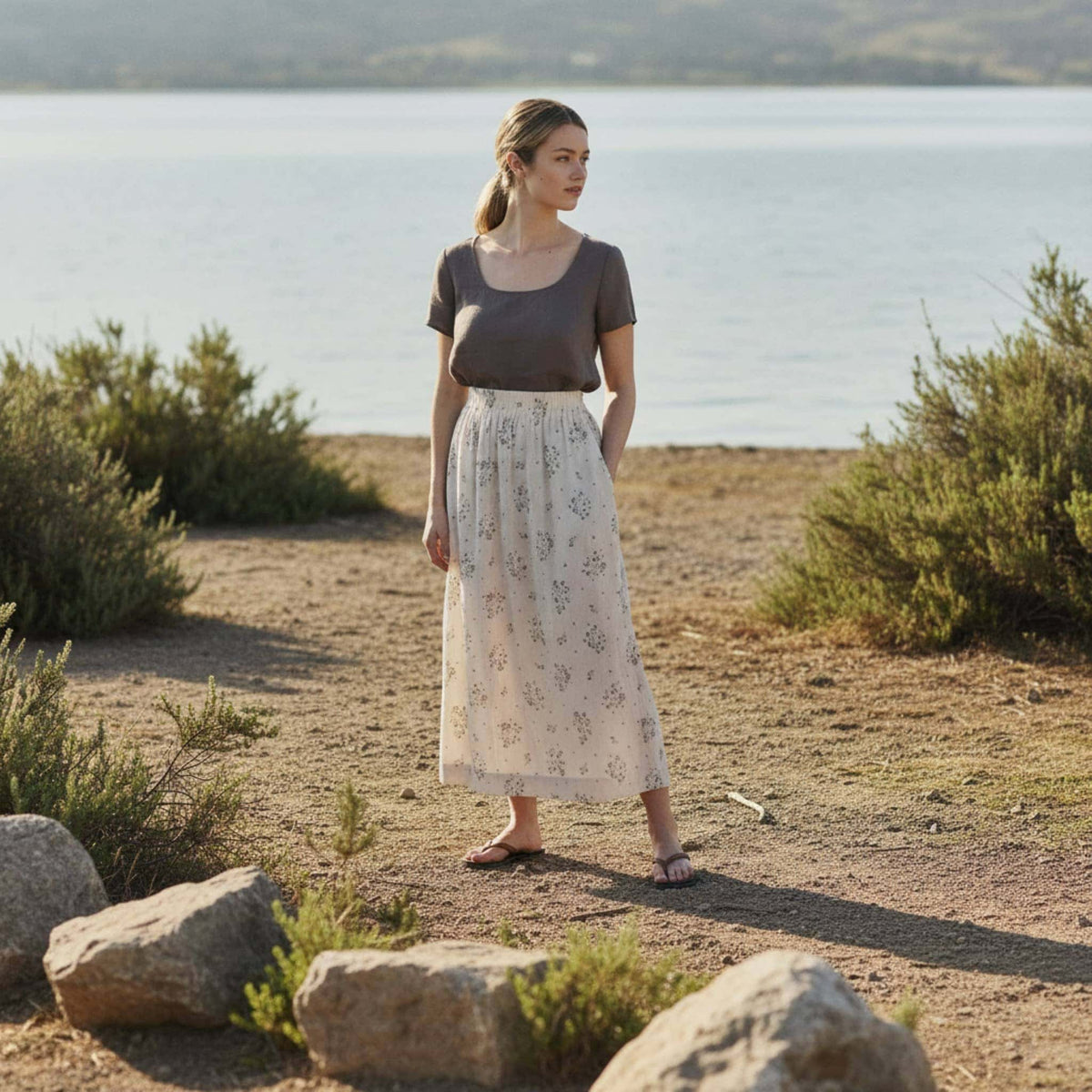Square Neck Linen Top, Short Sleeve Relaxed Fit