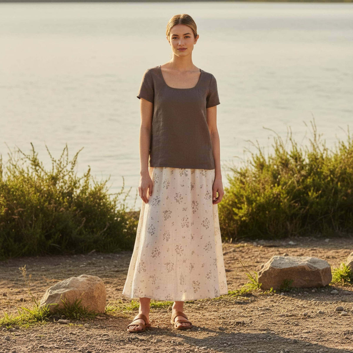 Square Neck Linen Top, Short Sleeve Relaxed Fit