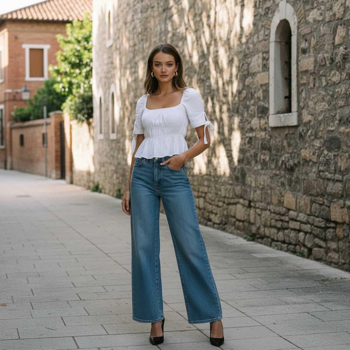 Square Neck Linen Top, Smocked Peplum Top