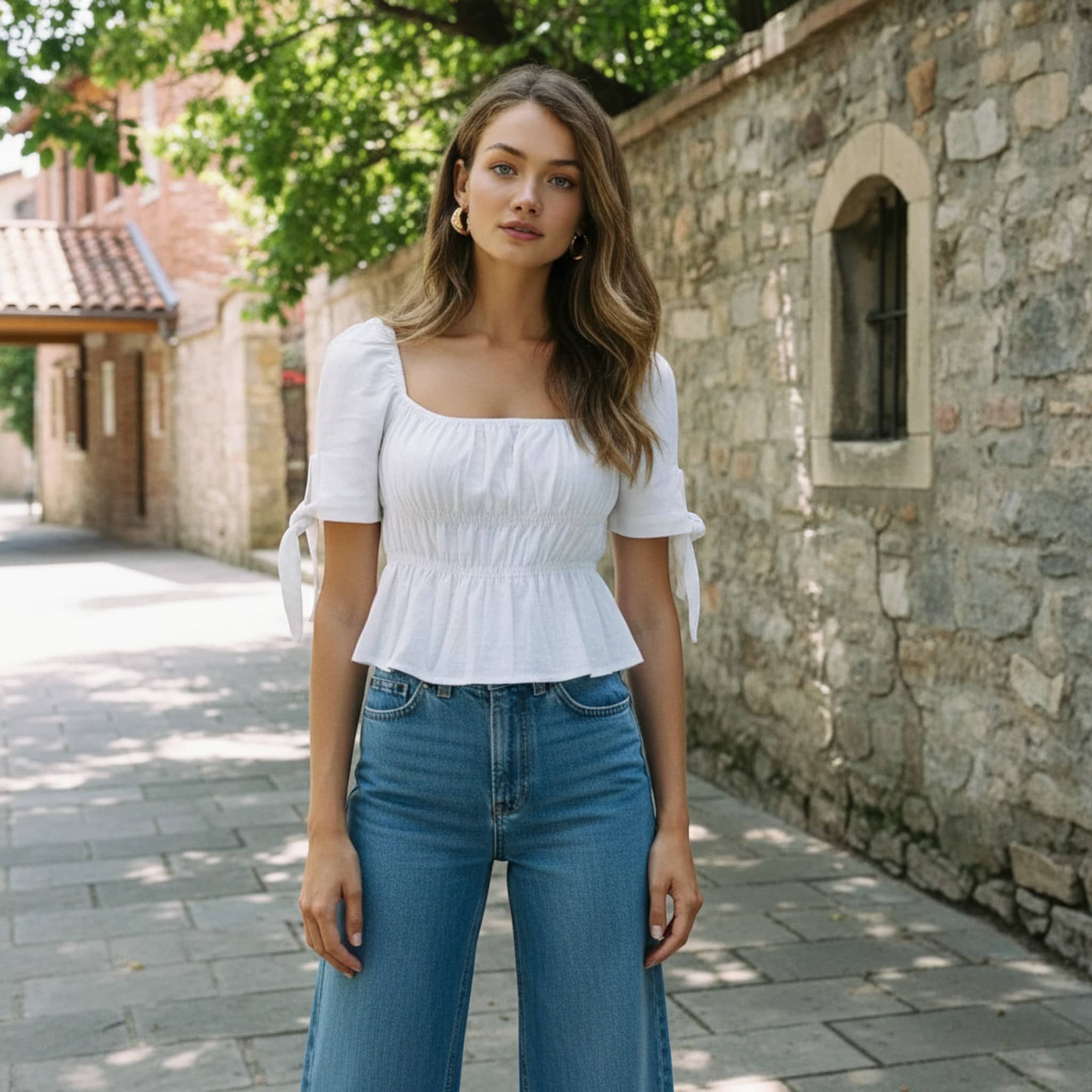 Square Neck Linen Top, Smocked Peplum Top