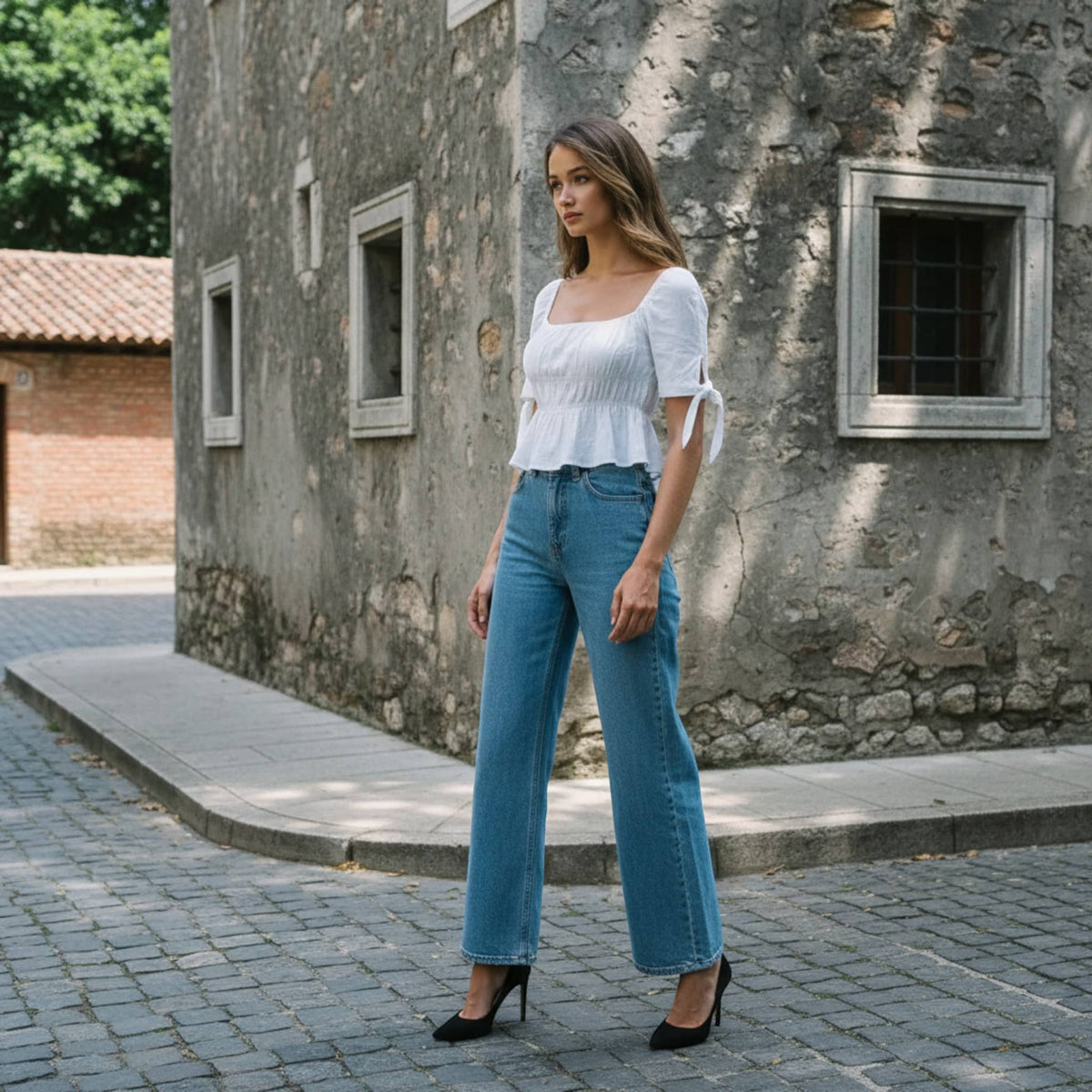 Square Neck Linen Top, Smocked Peplum Top