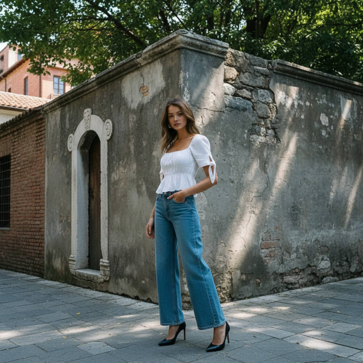 Square Neck Linen Top, Smocked Peplum Top