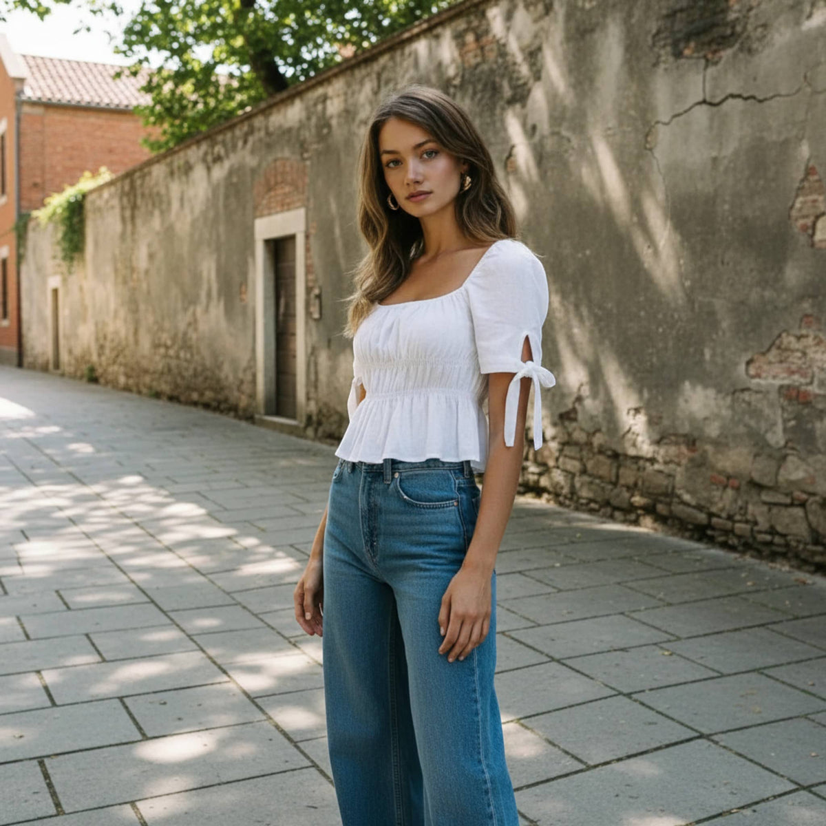 Square Neck Linen Top, Smocked Peplum Top