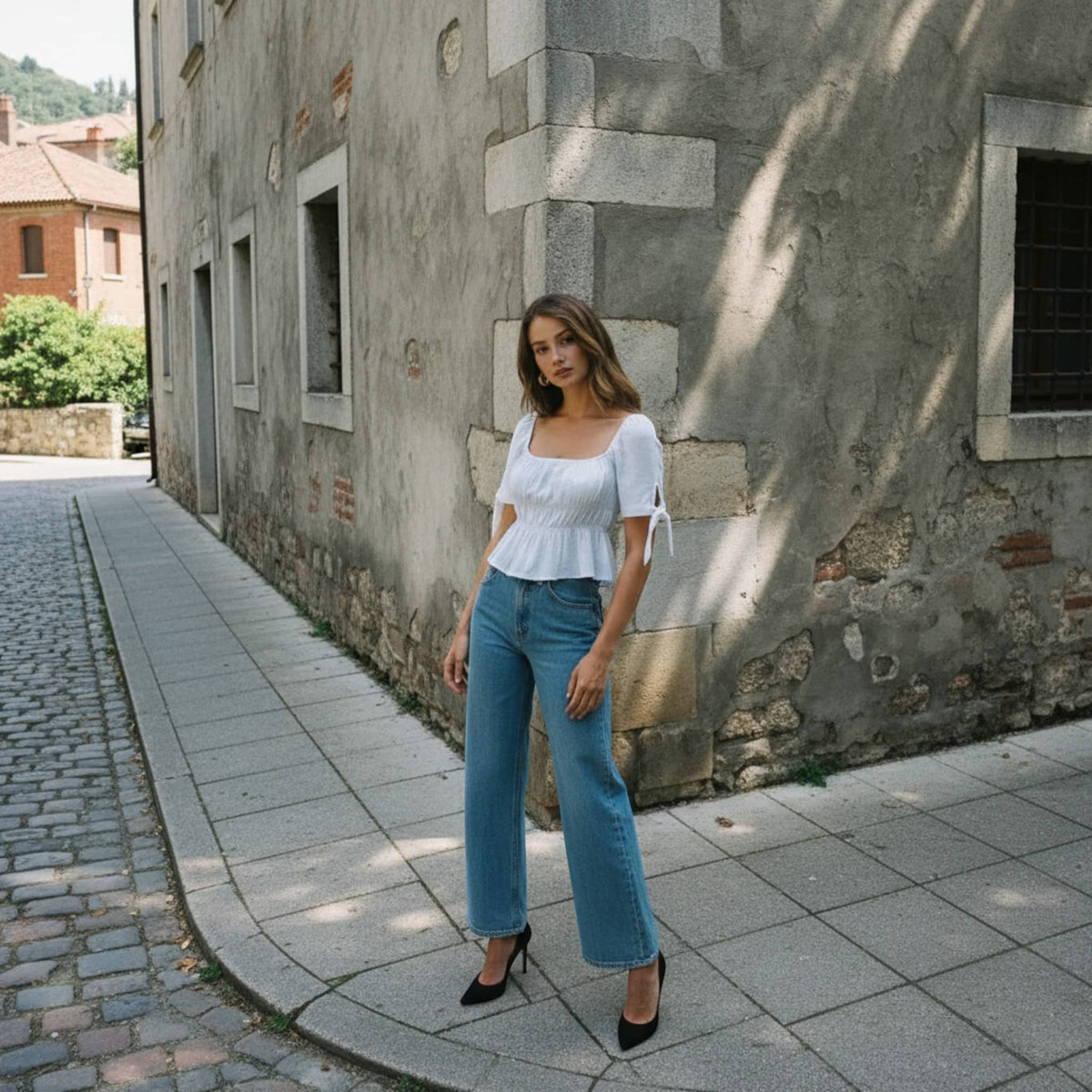 Square Neck Linen Top, Smocked Peplum Top