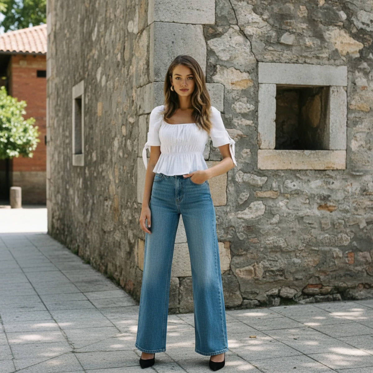 Square Neck Linen Top, Smocked Peplum Top