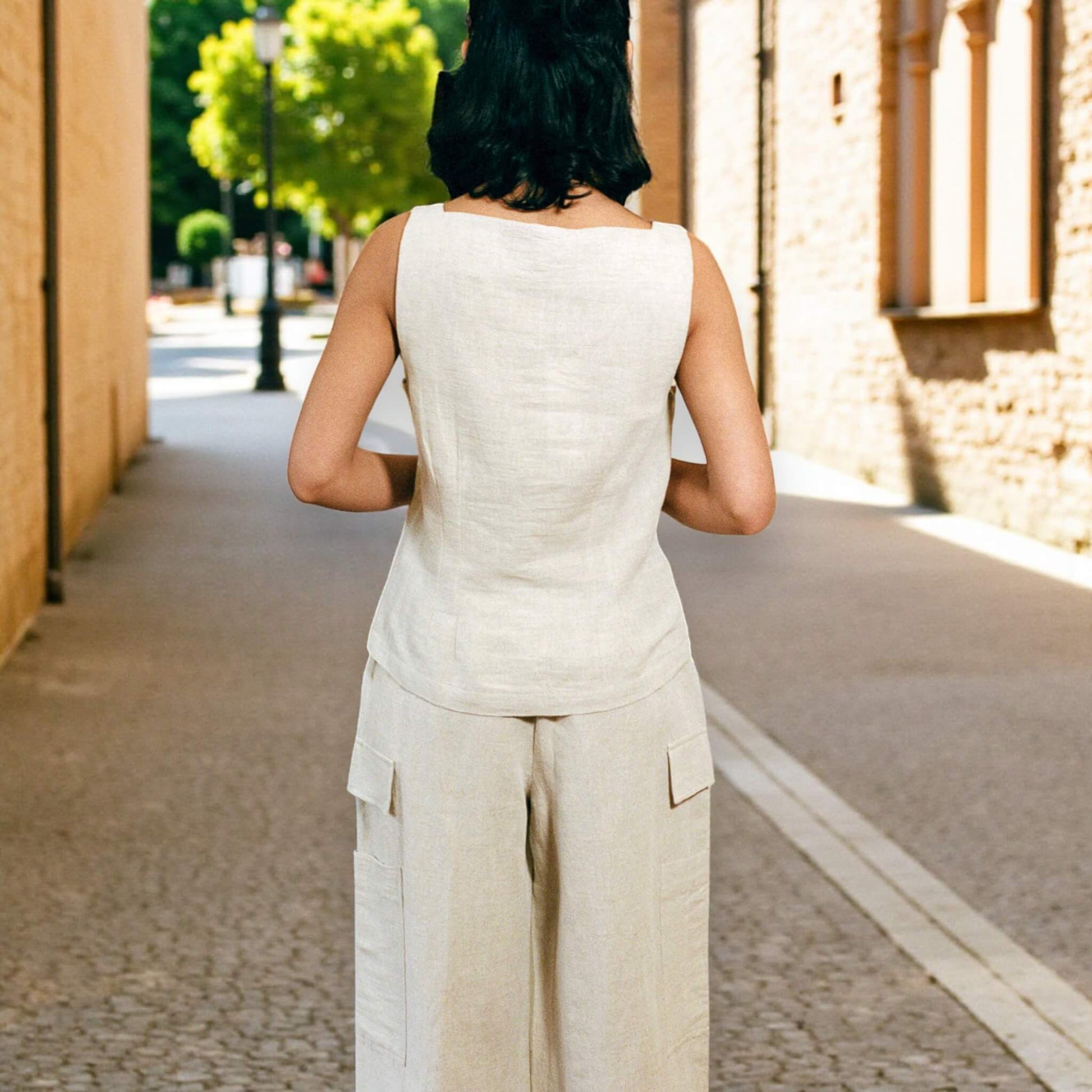 Square Neck Linen Vest Top, Button Front Tank Top