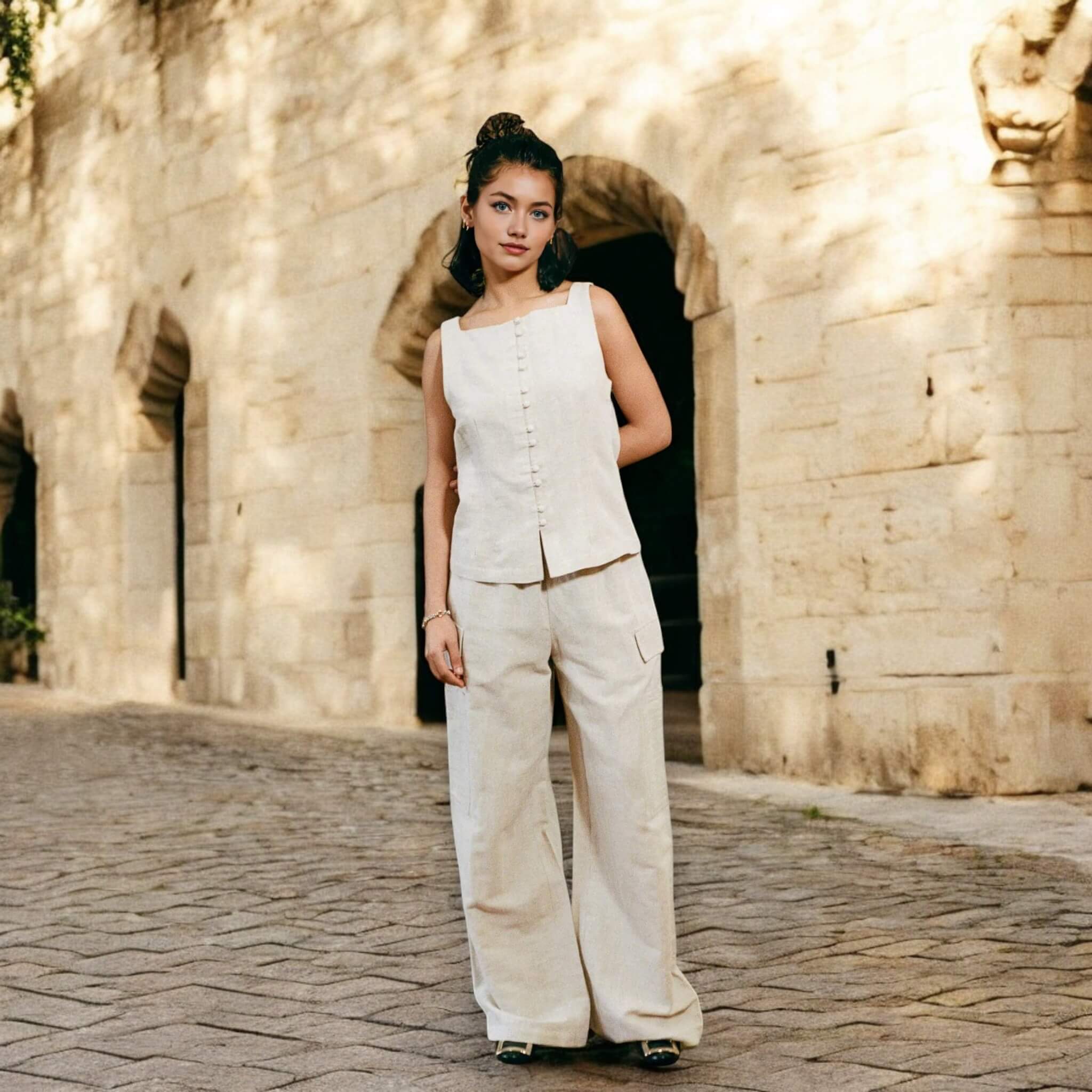 Square Neck Linen Vest Top, Button Front Tank Top