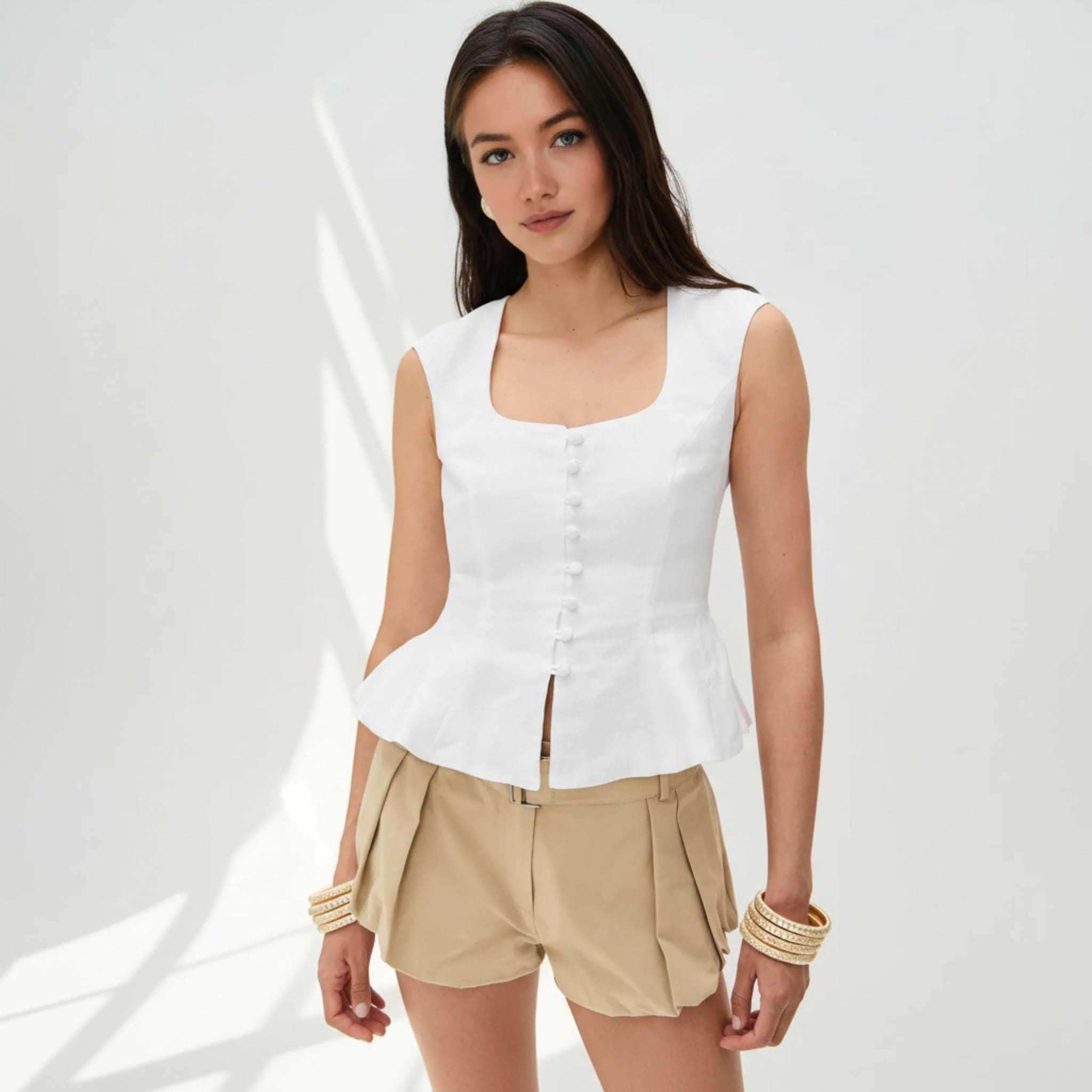 Square Neck Linen Vest Top, Sleeveless Linen Peplum Top