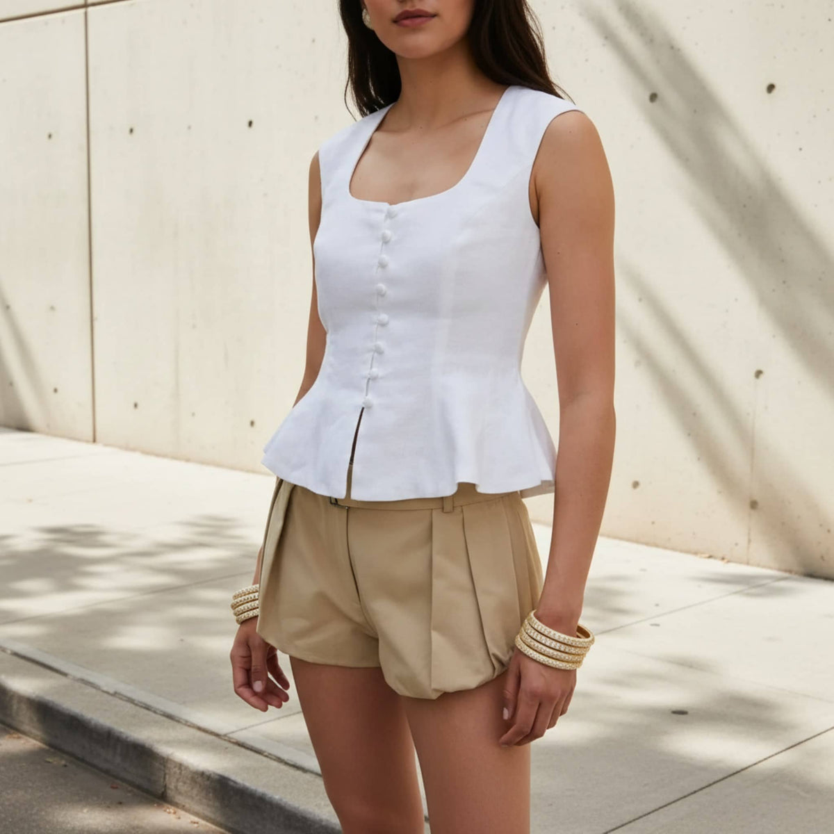 Square Neck Linen Vest Top, Sleeveless Linen Peplum Top
