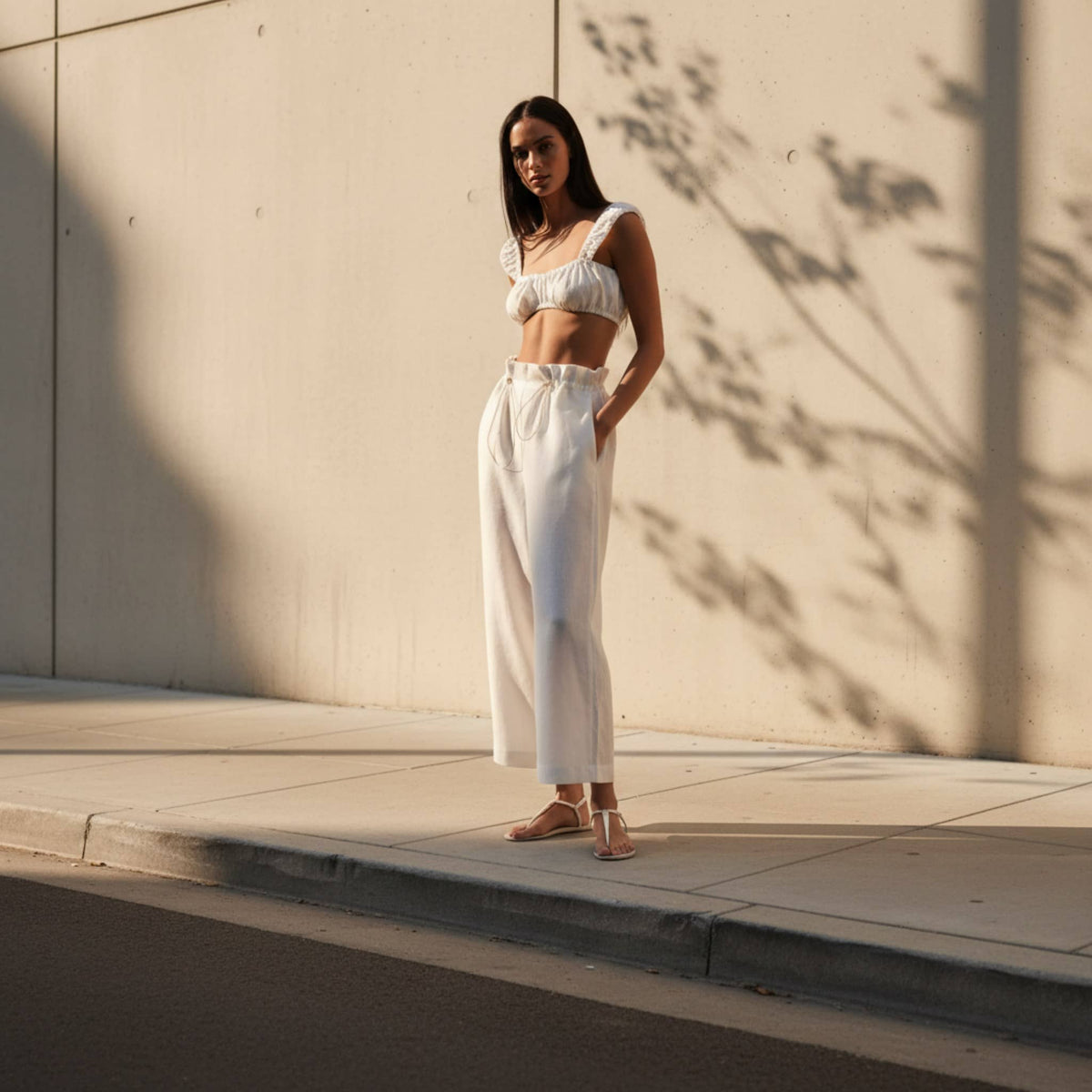 Square Neck Ruched Crop Top, Gathered Linen Top
