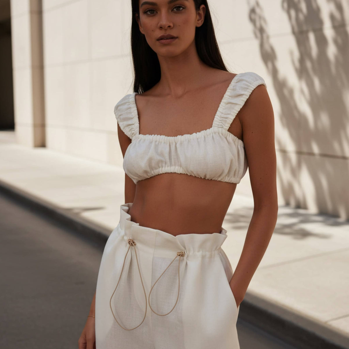 Square Neck Ruched Crop Top, Gathered Linen Top