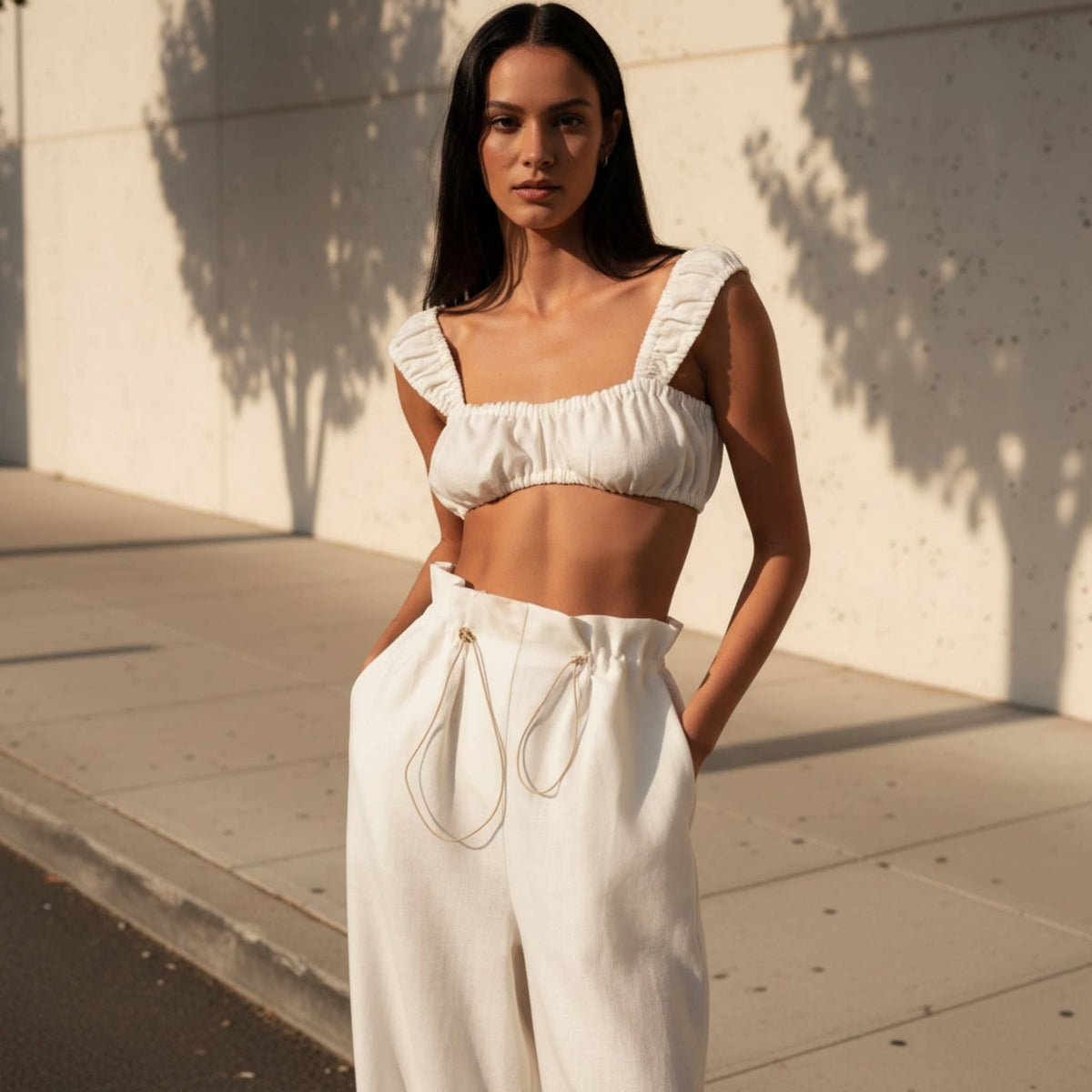 Square Neck Ruched Crop Top, Gathered Linen Top