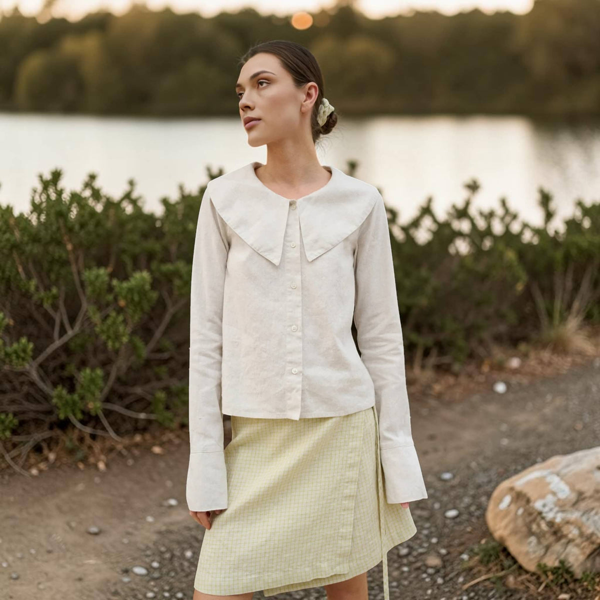 Statement Collar Linen Blouse, Button Front Long Sleeve