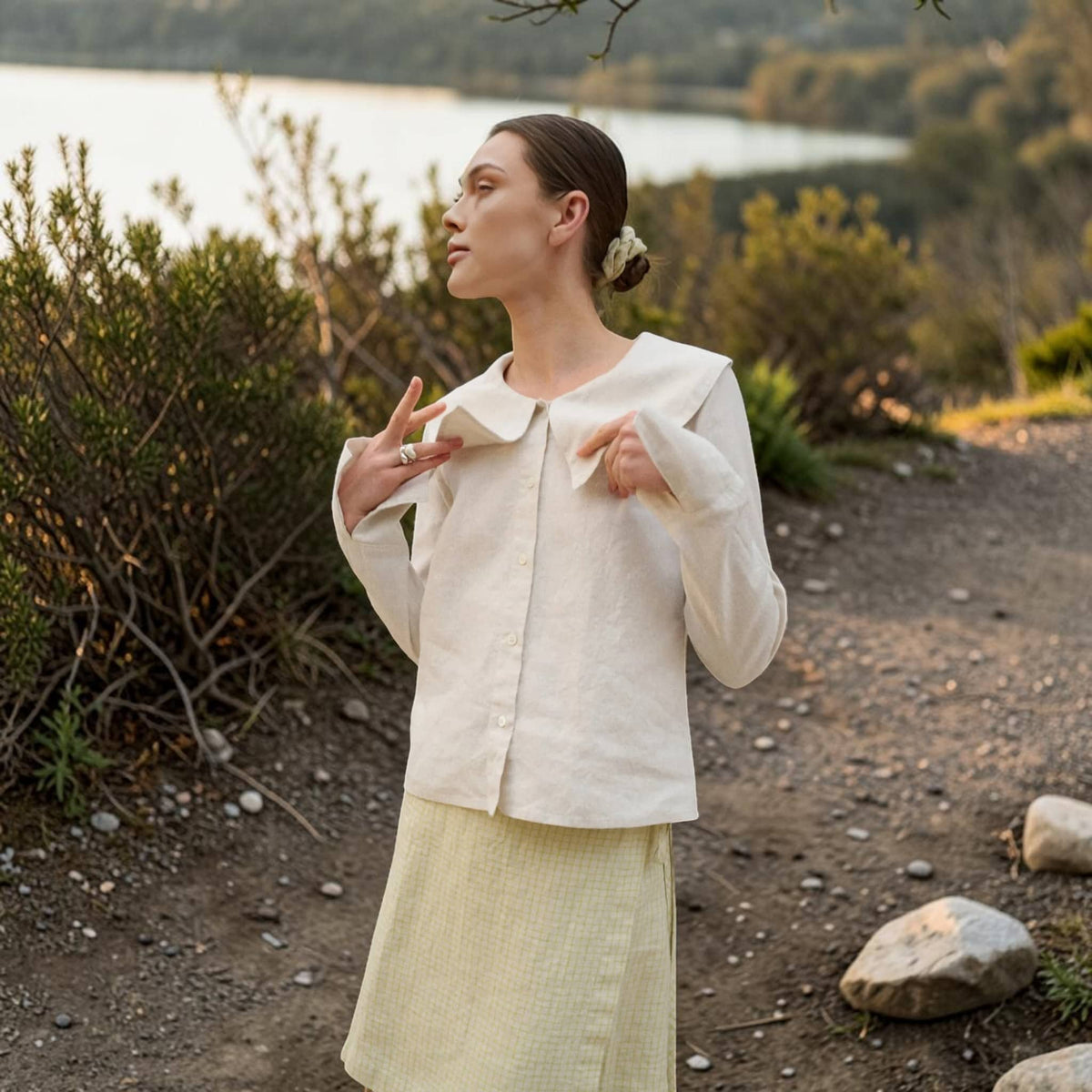 Statement Collar Linen Blouse, Button Front Long Sleeve