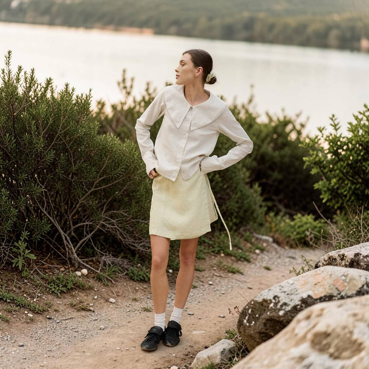 Statement Collar Linen Blouse, Button Front Long Sleeve