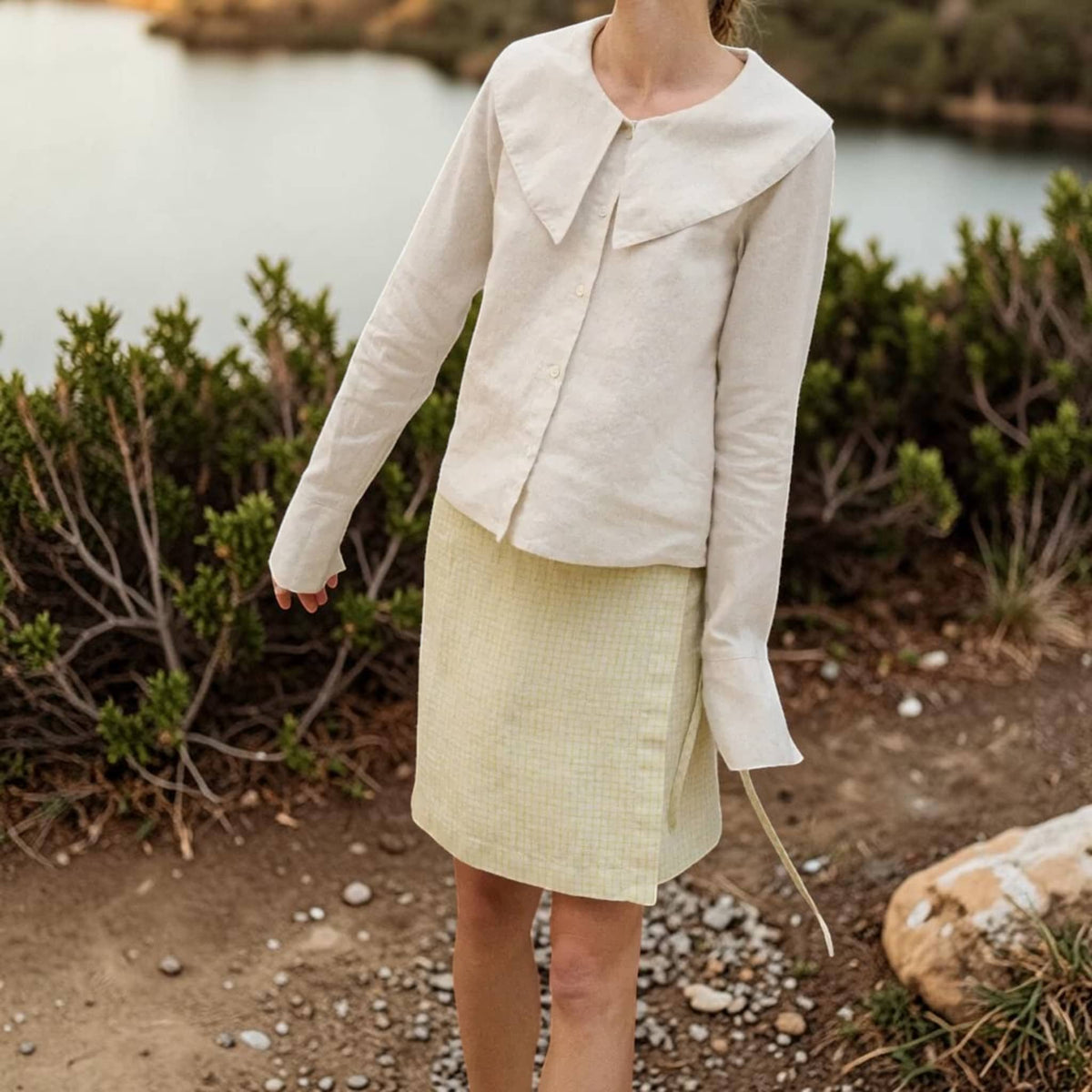 Statement Collar Linen Blouse, Button Front Long Sleeve