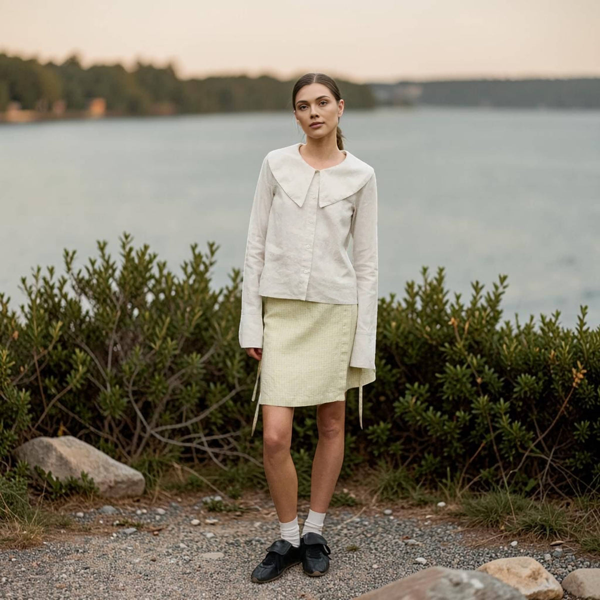 Statement Collar Linen Blouse, Button Front Long Sleeve