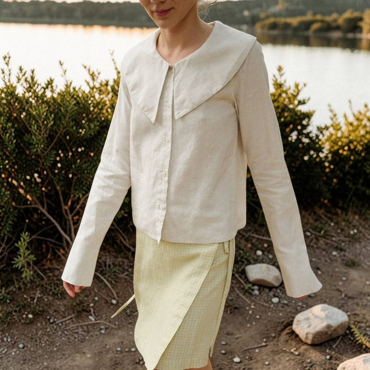 Statement Collar Linen Blouse, Button Front Long Sleeve