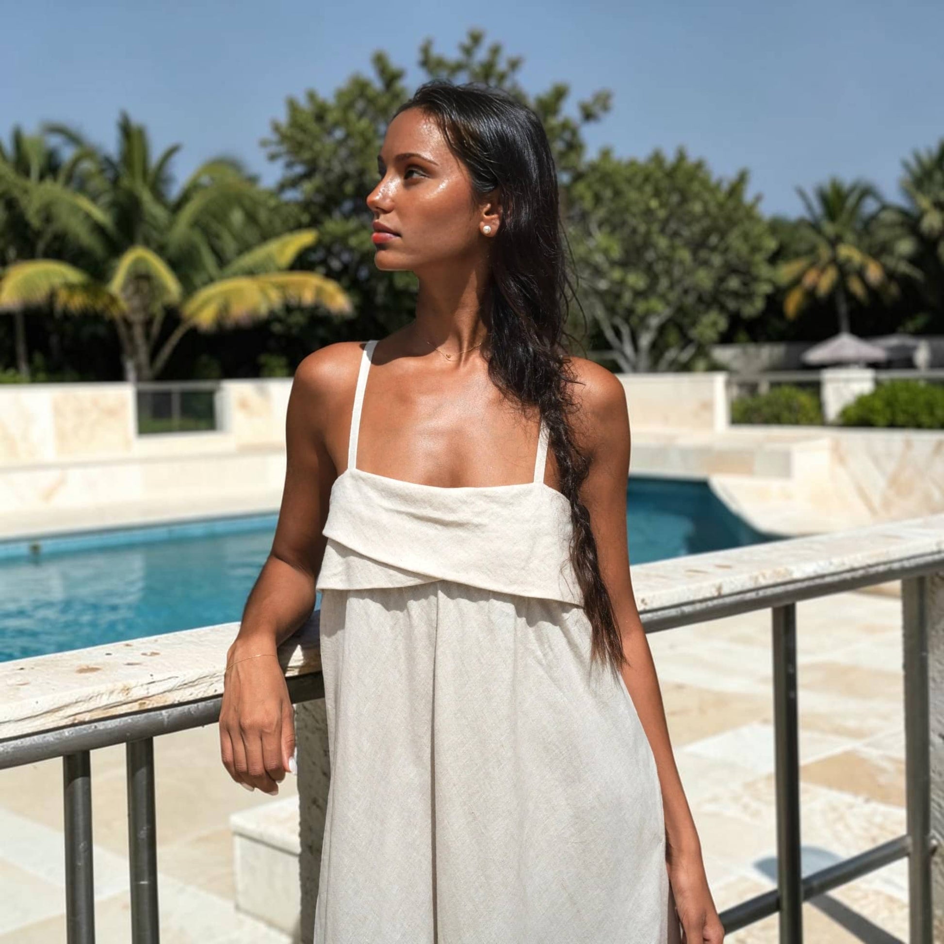 Straight Neck Linen Maxi Dress, Foldover Bust Smocked Back