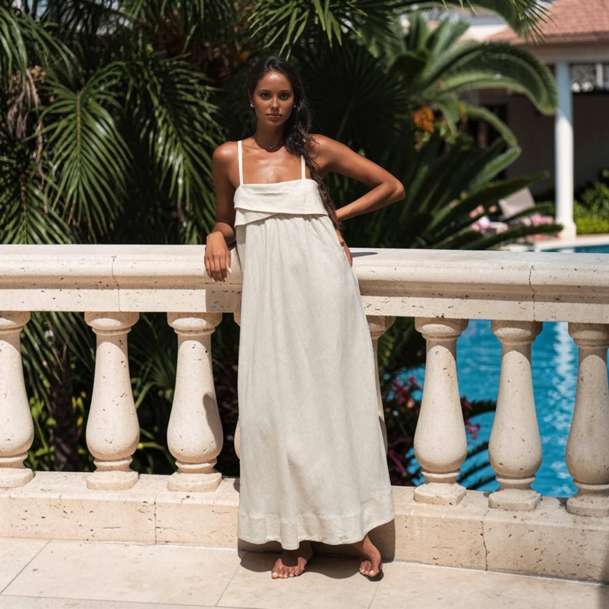 Straight Neck Linen Maxi Dress, Foldover Bust Smocked Back