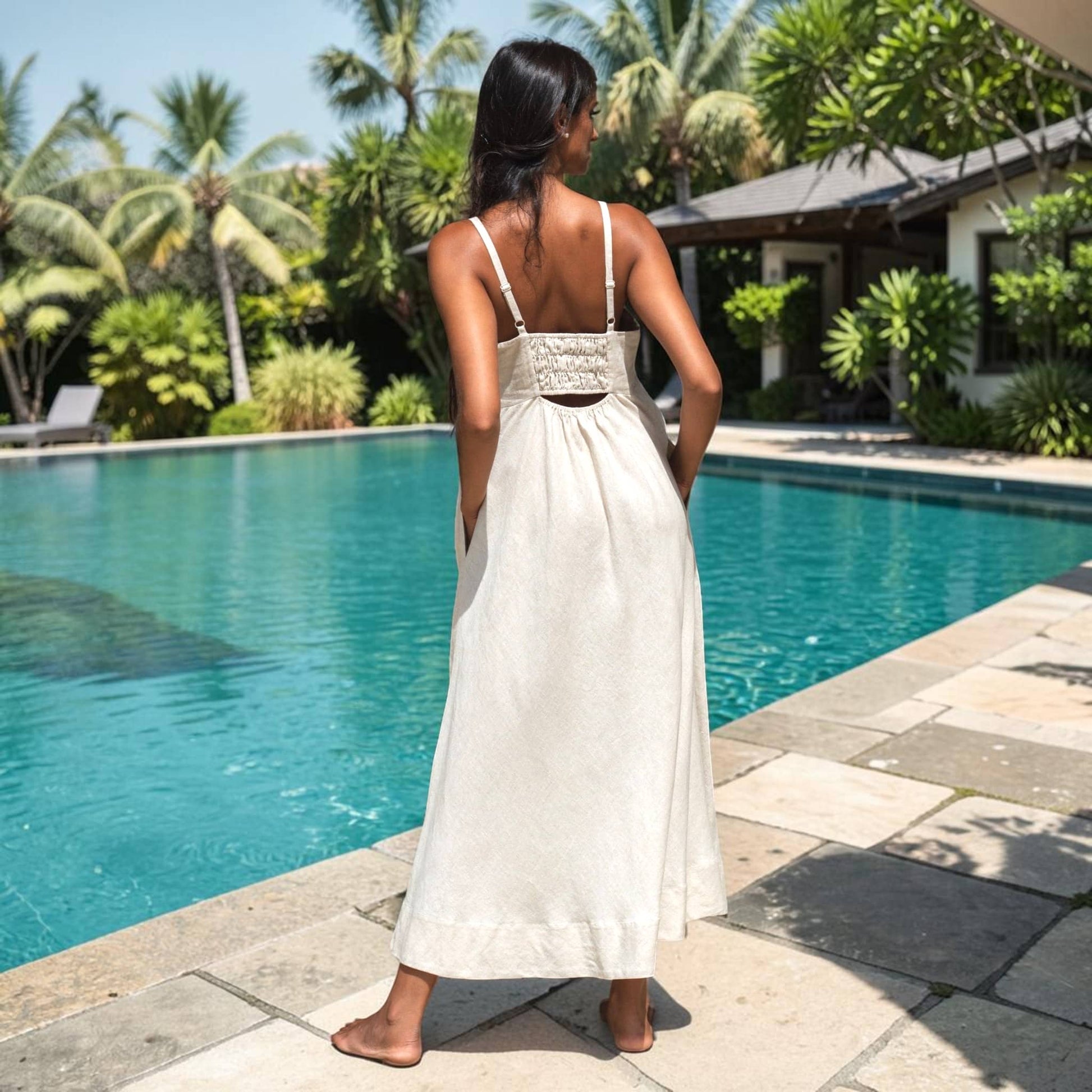 Straight Neck Linen Maxi Dress, Foldover Bust Smocked Back